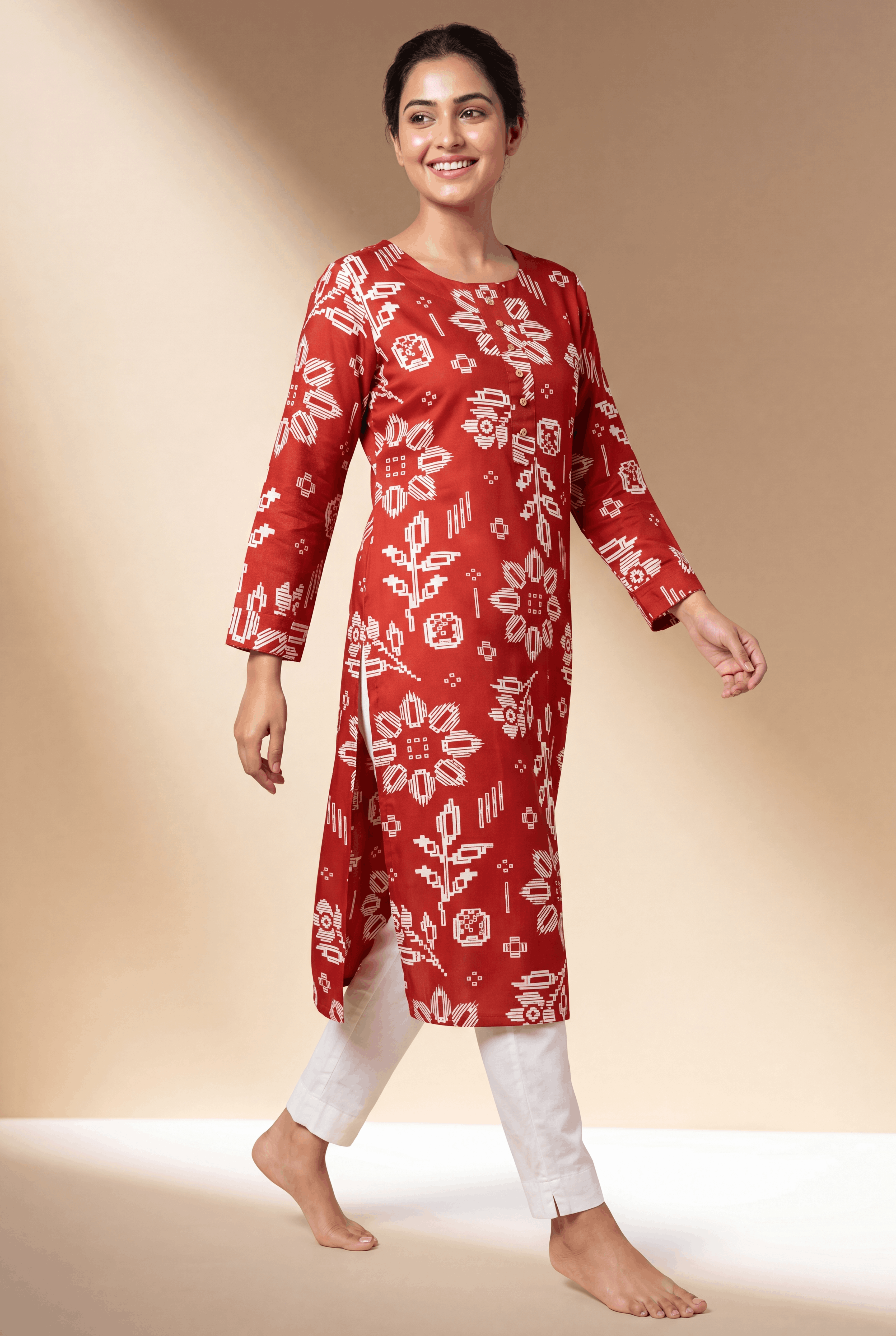 Red Kurti with Kusumika Geometric Floral Print
