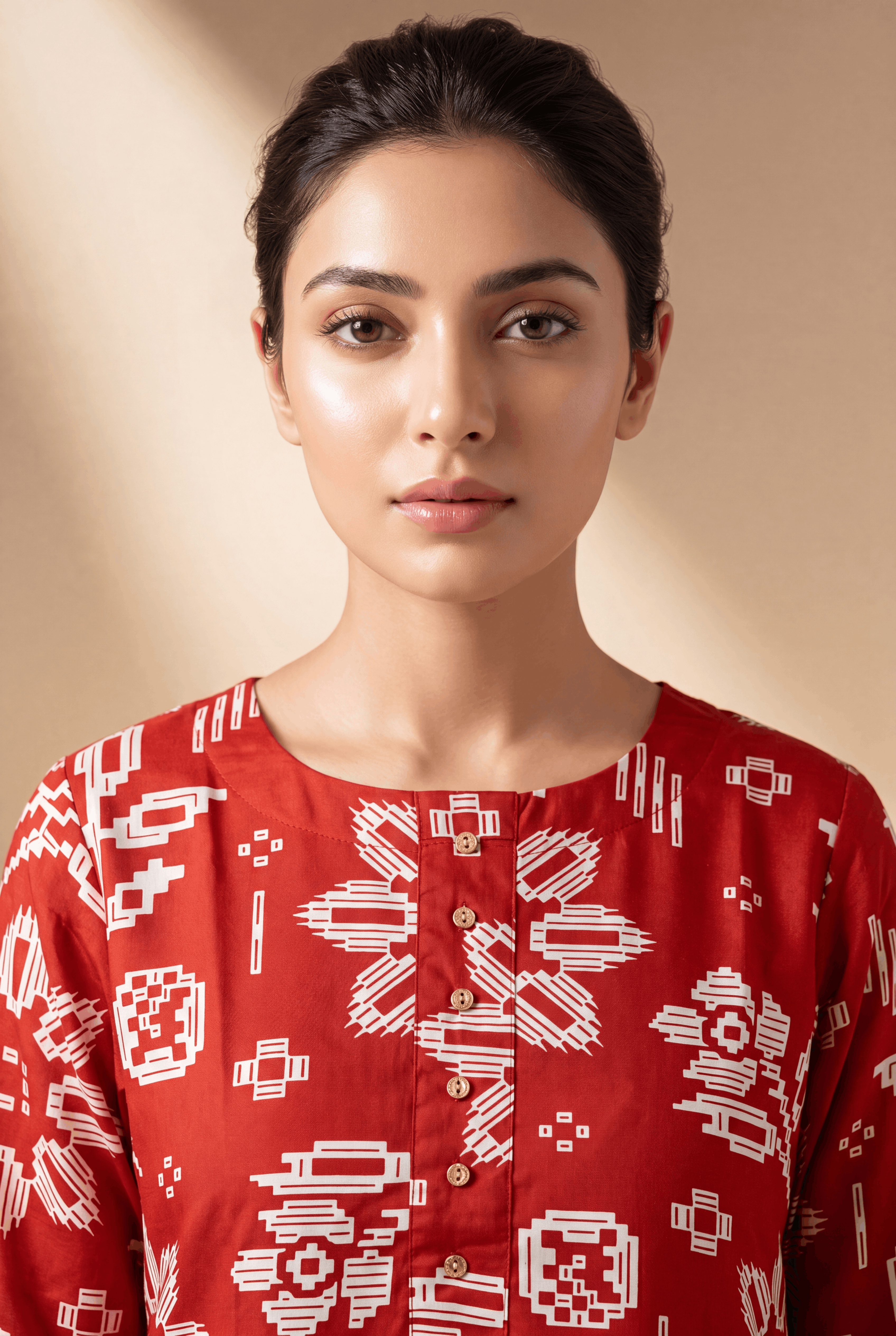 Red Kurti with Kusumika Geometric Floral Print