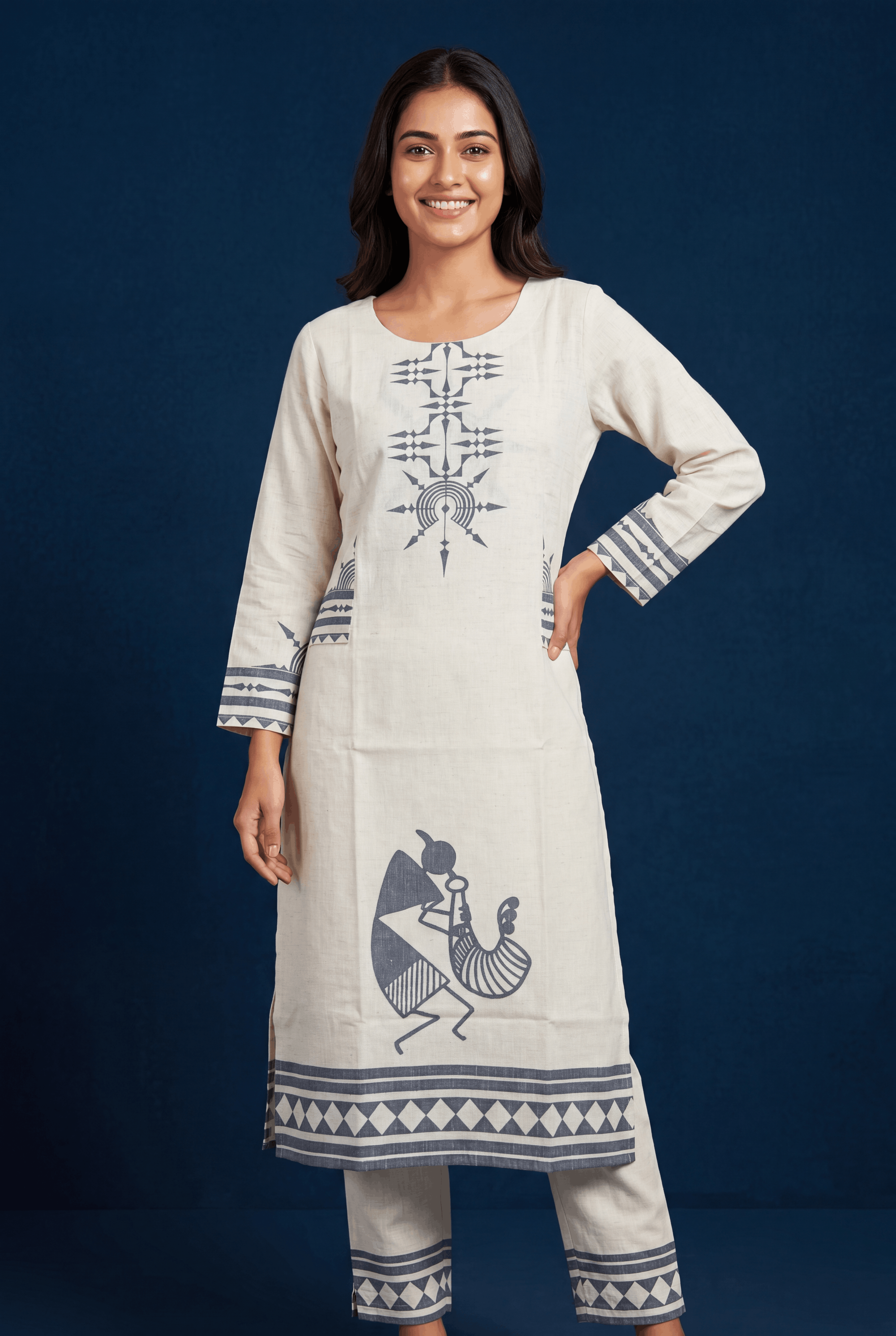 Cream Khadi Cotton Kurti with Blue Venuvadini Warli Print