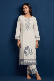 Cream Khadi Cotton Kurti with Blue Venuvadini Warli Print