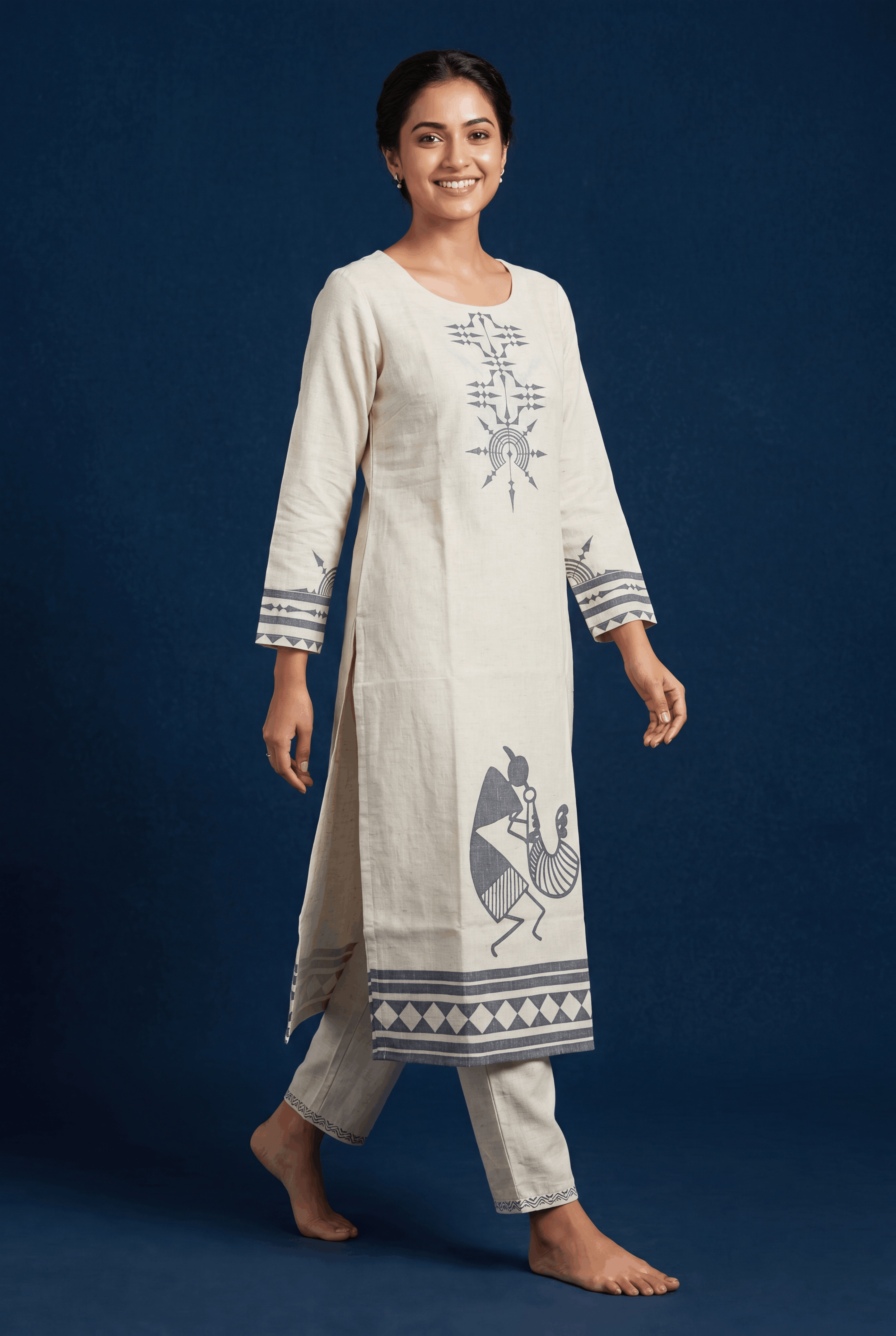 Cream Khadi Cotton Kurti with Blue Venuvadini Warli Print