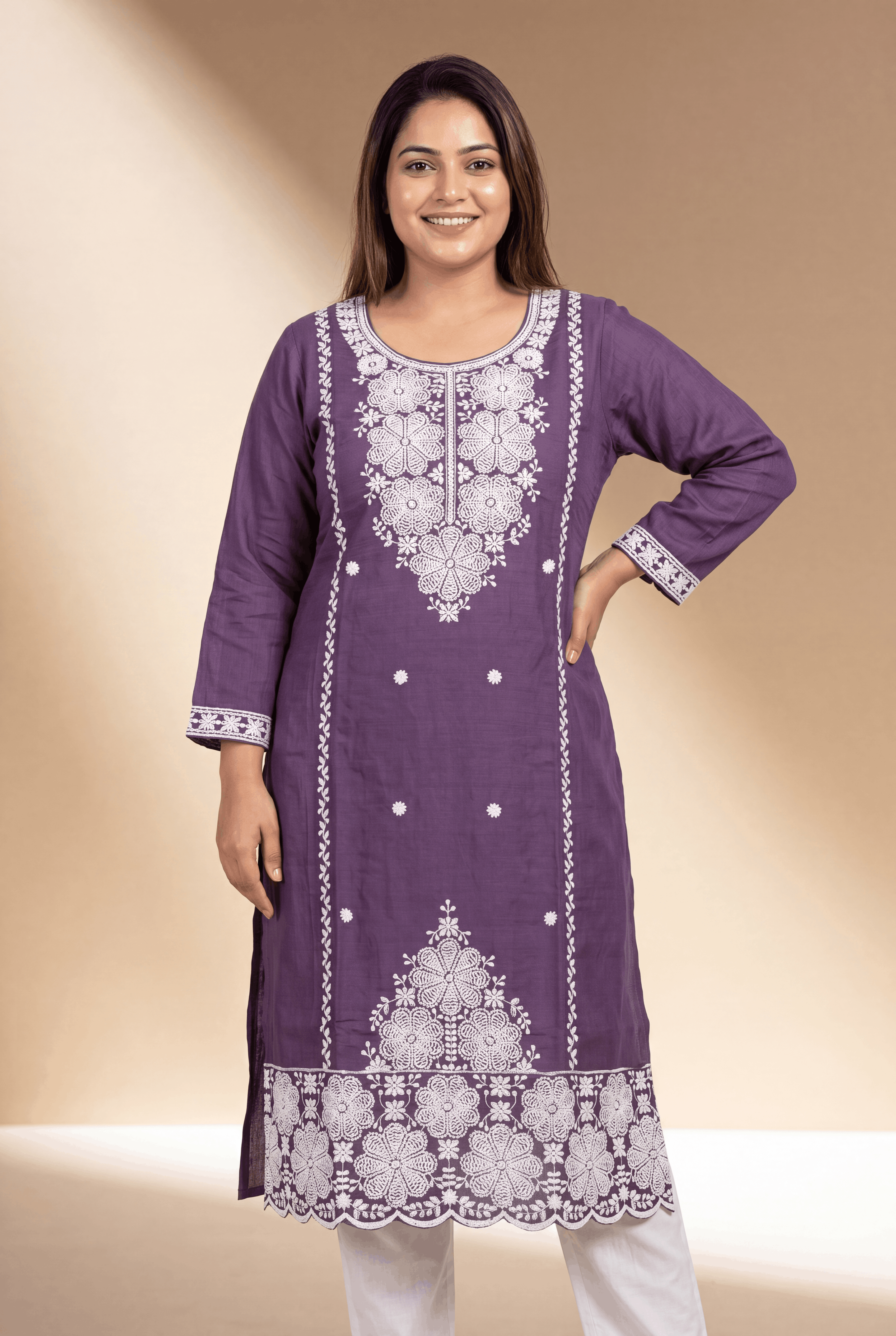 Lavender Cotton Kurti with Mrinalini Chikankari Embroidary