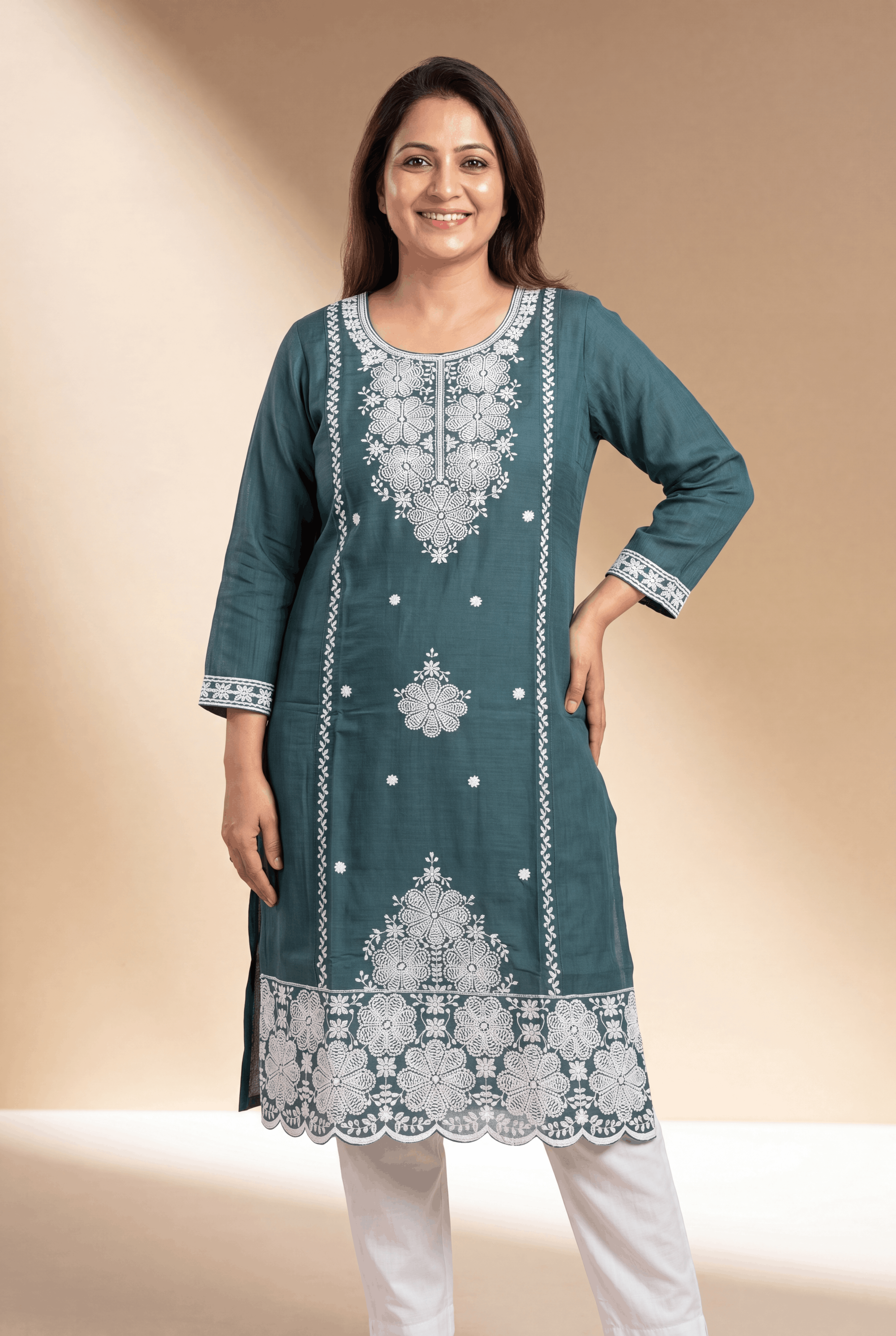 Teal Green Cotton Kurti with Mrinalini Chikankari Embroidary