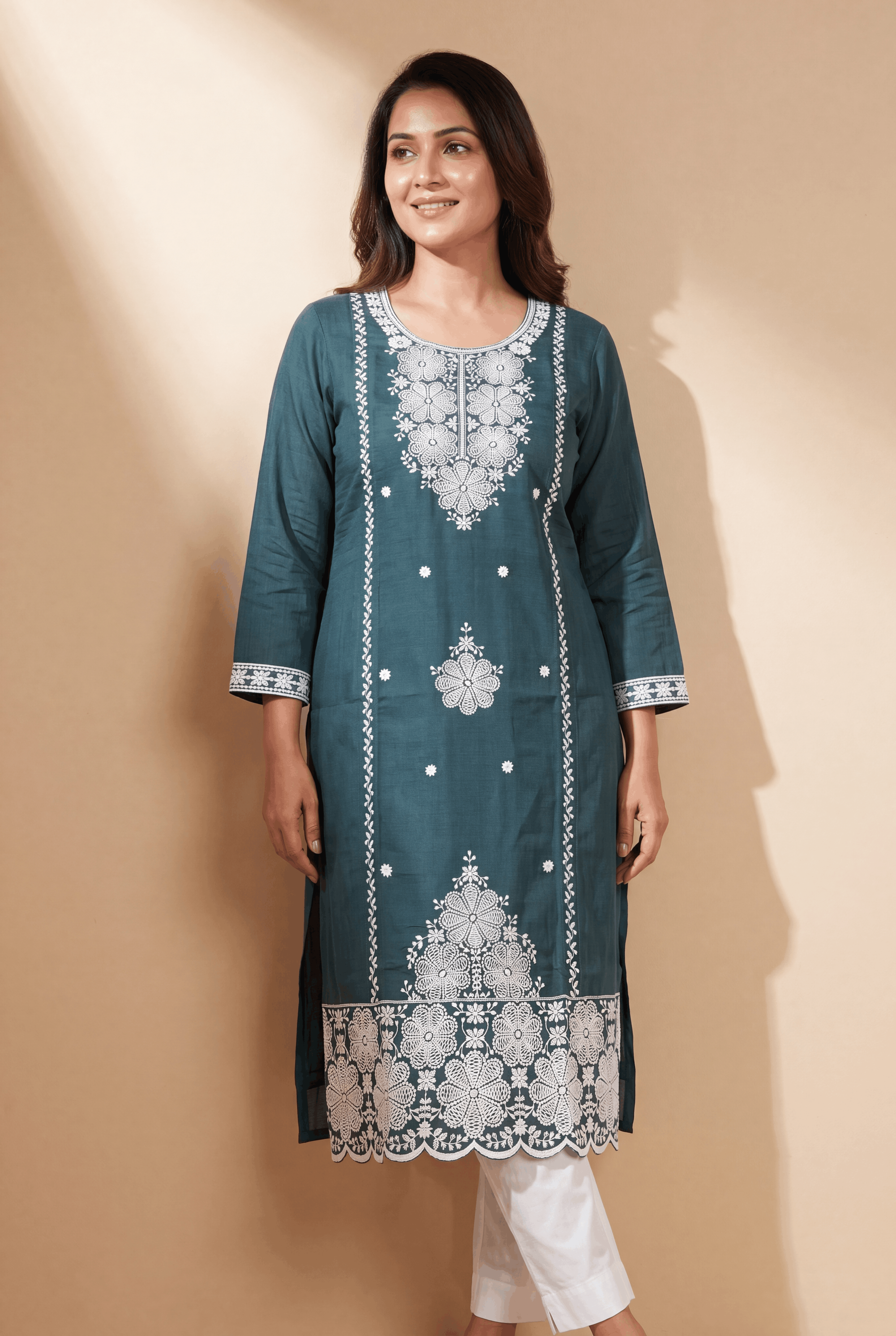 Teal Green Cotton Kurti with Mrinalini Chikankari Embroidary