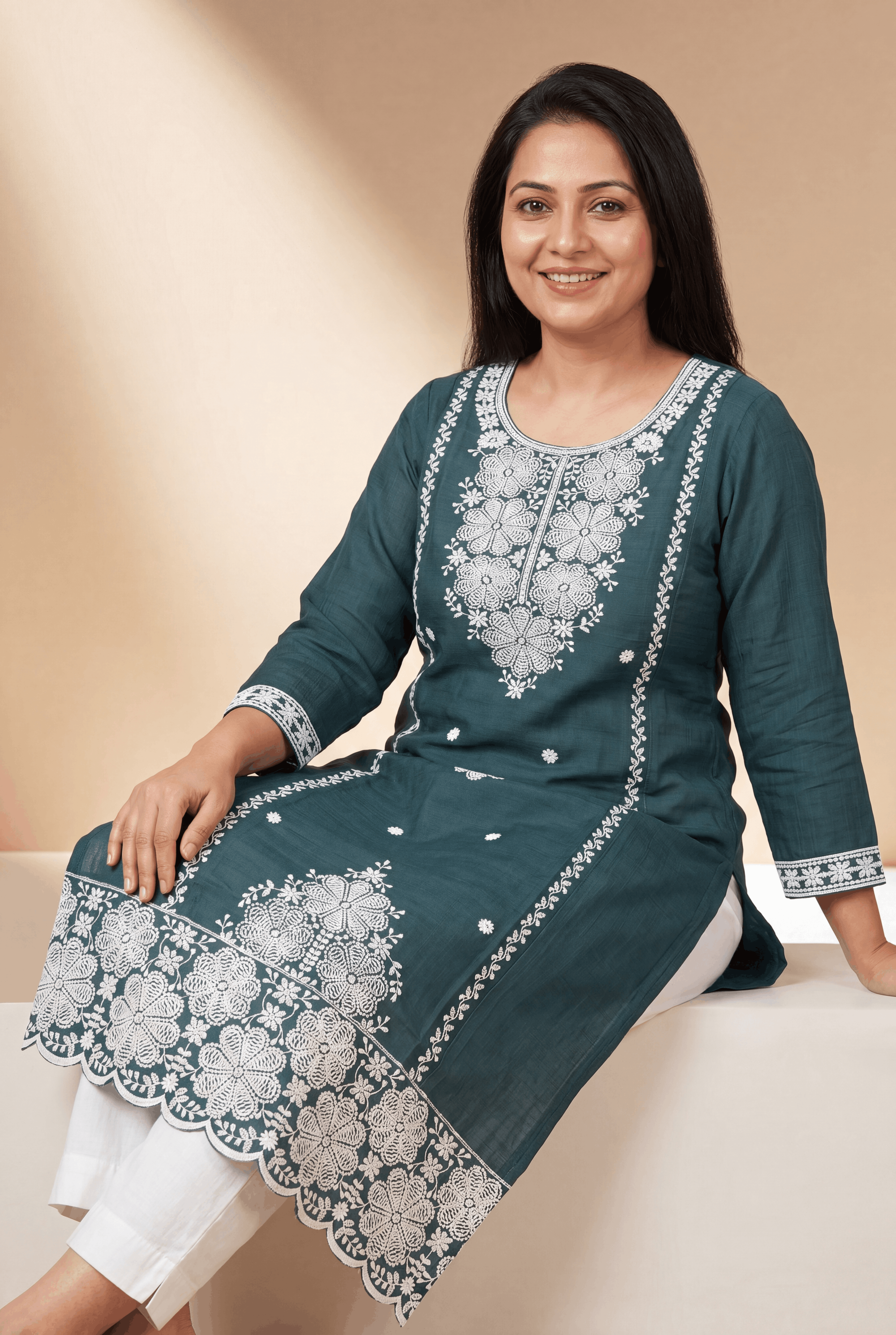 Teal Green Cotton Kurti with Mrinalini Chikankari Embroidary