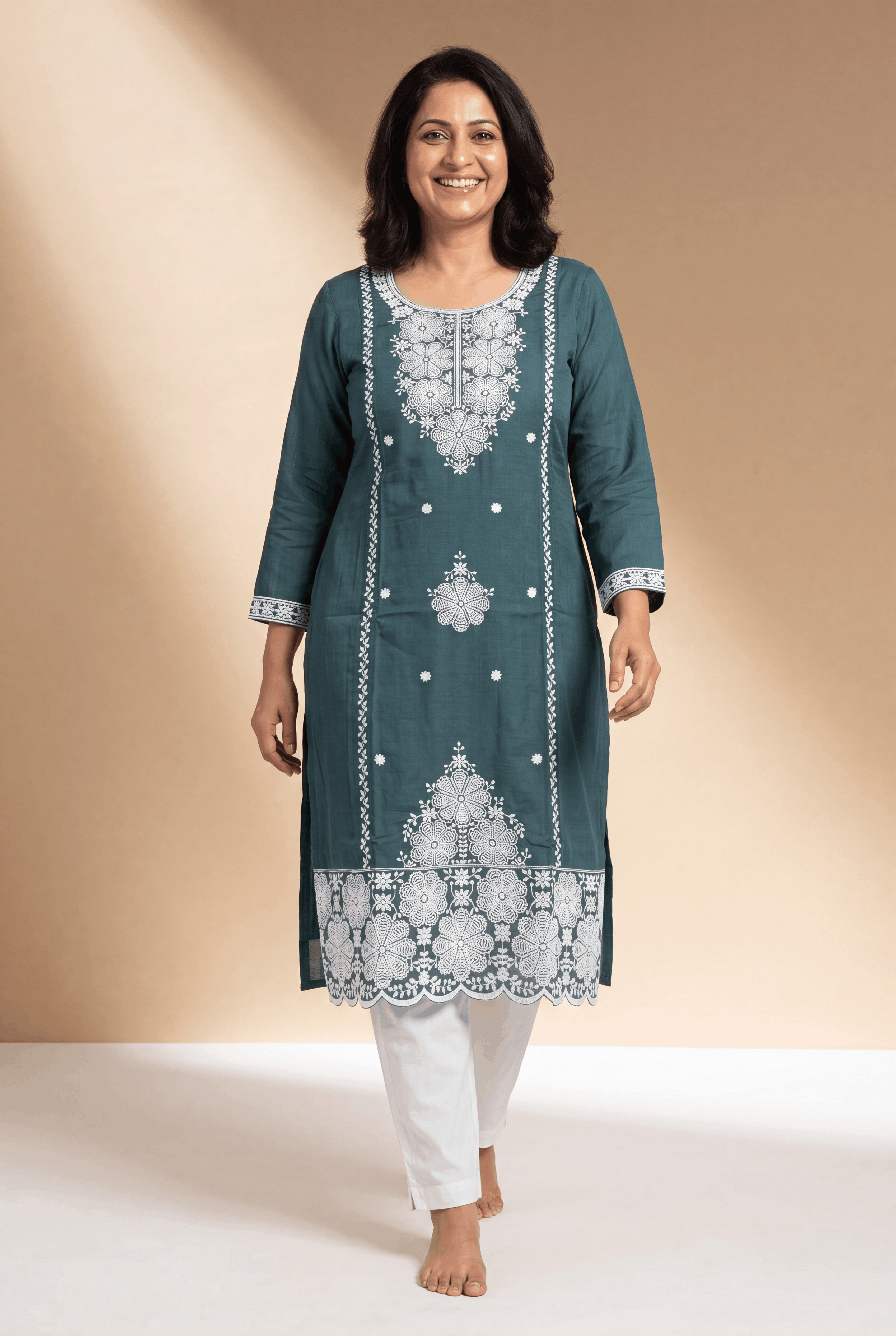 Teal Green Cotton Kurti with Mrinalini Chikankari Embroidary