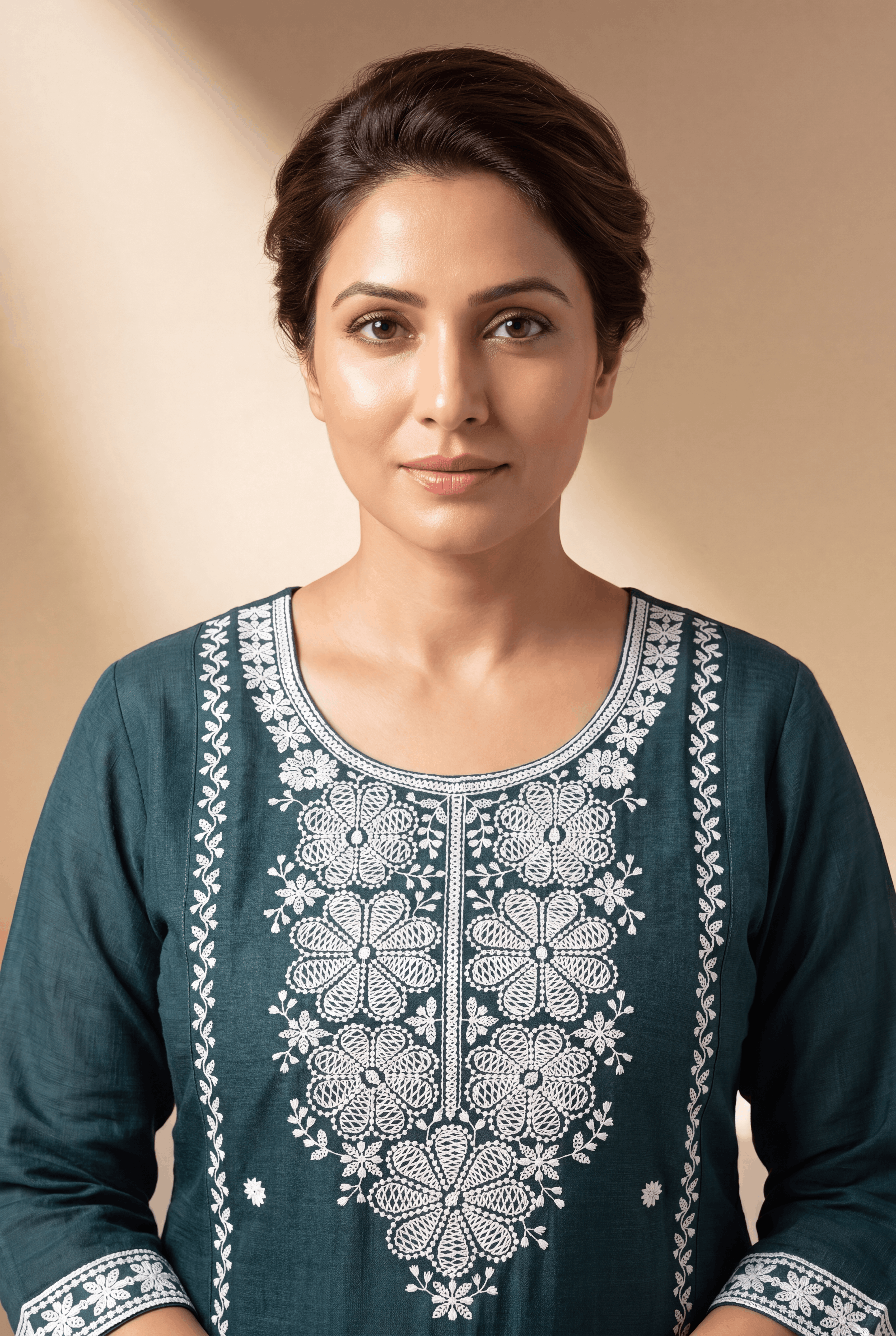 Teal Green Cotton Kurti with Mrinalini Chikankari Embroidary