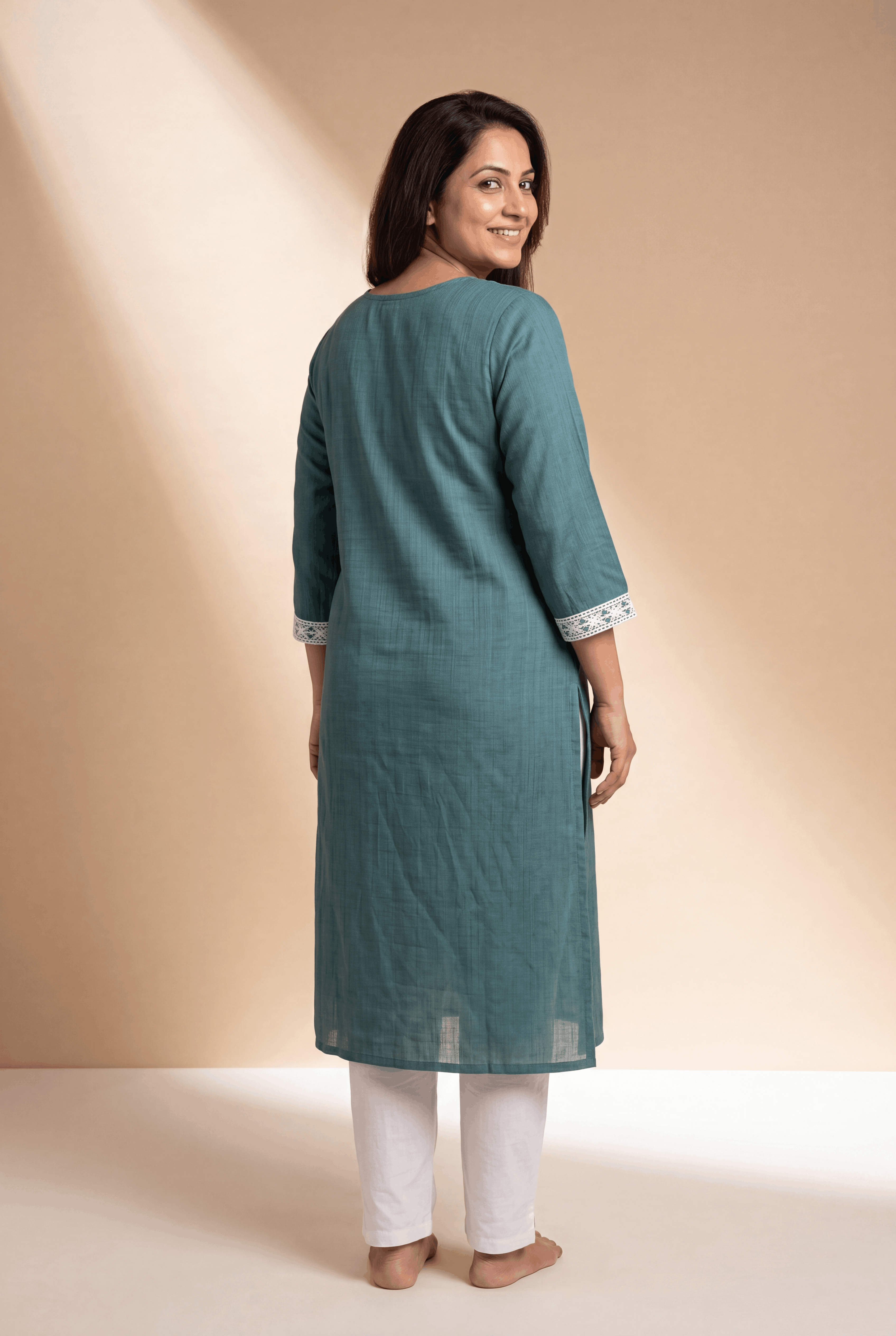 Teal Green Cotton Kurti with Mrinalini Chikankari Embroidary