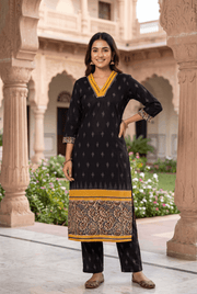 Black Khadi Cotton Kurti with Kairavi Kalamkari Print and Mustard neckline