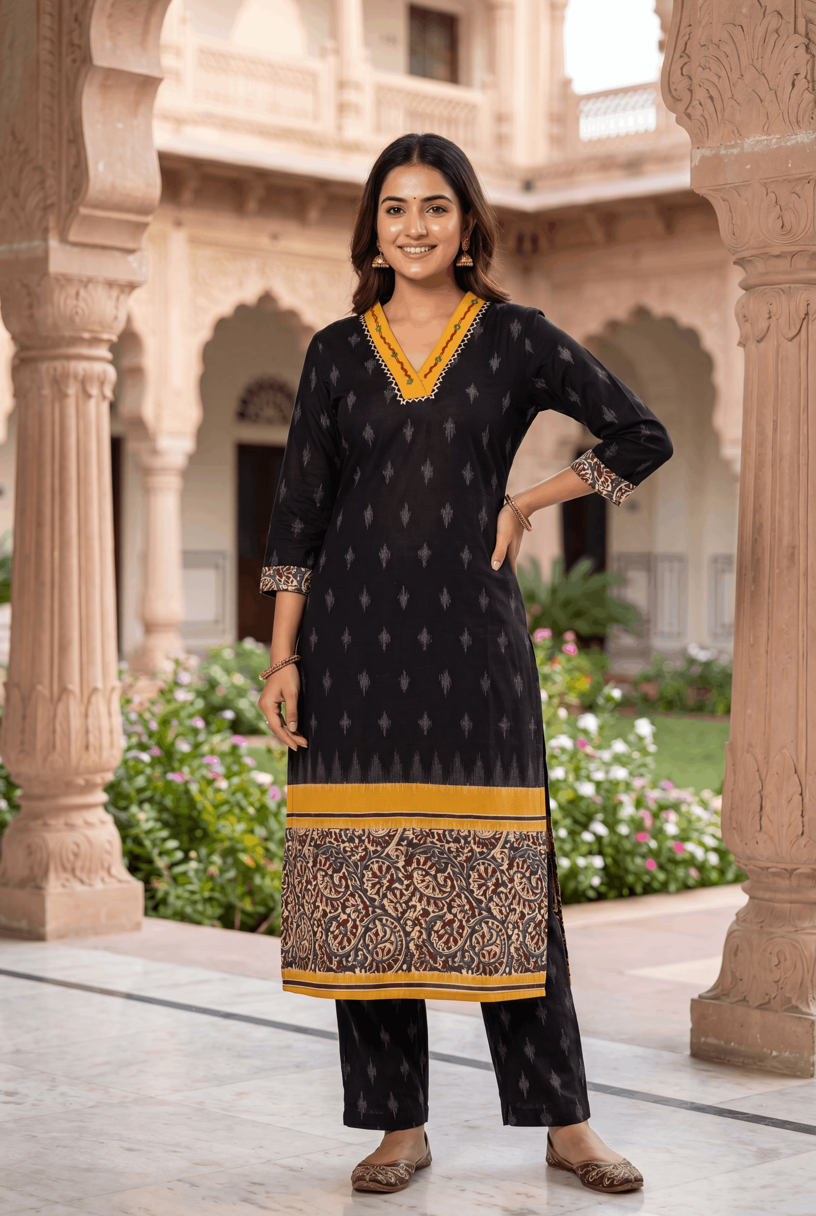 Black Khadi Cotton Kurti with Kairavi Kalamkari Print and Mustard neckline