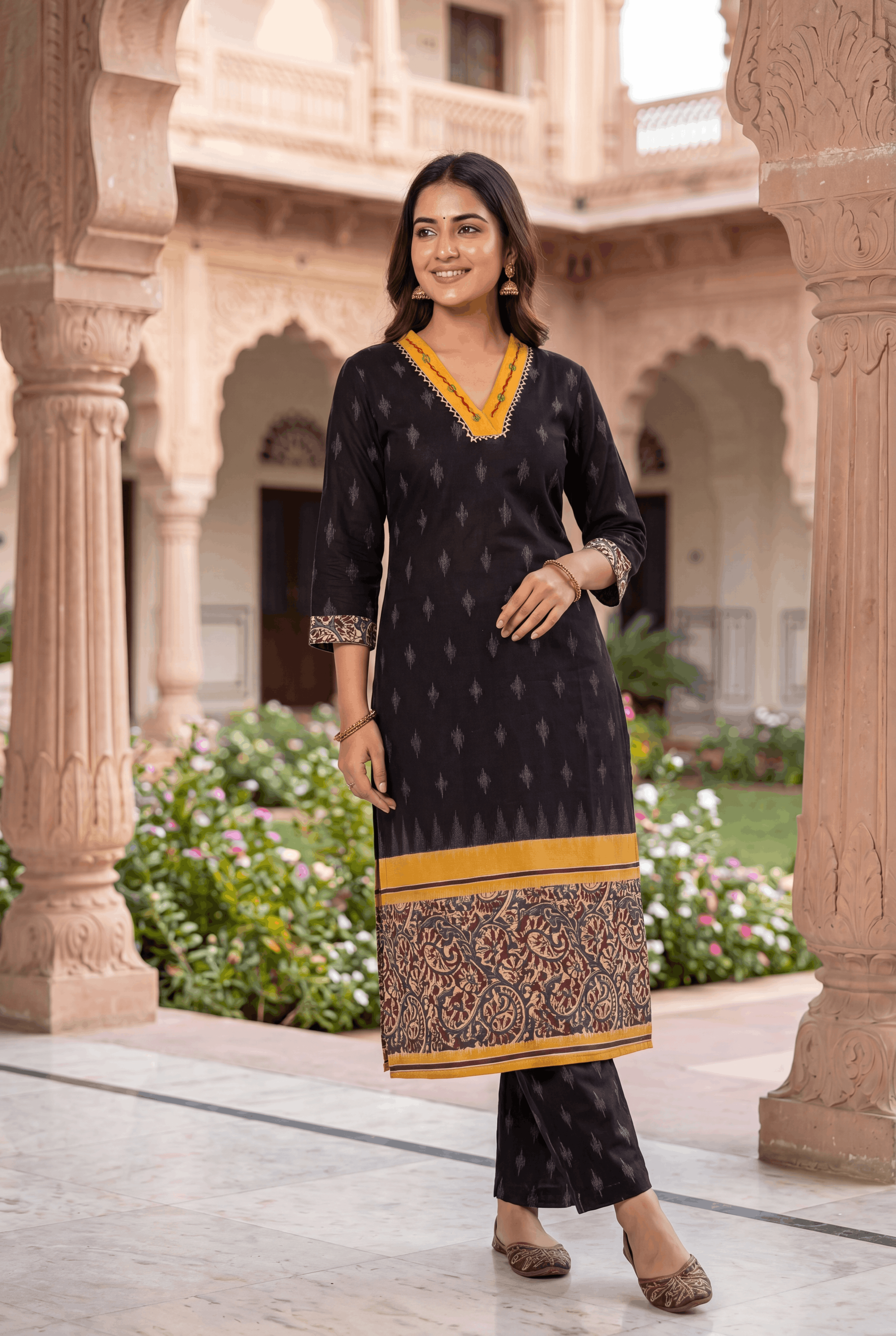 Black Khadi Cotton Kurti with Kairavi Kalamkari Print and Mustard neckline