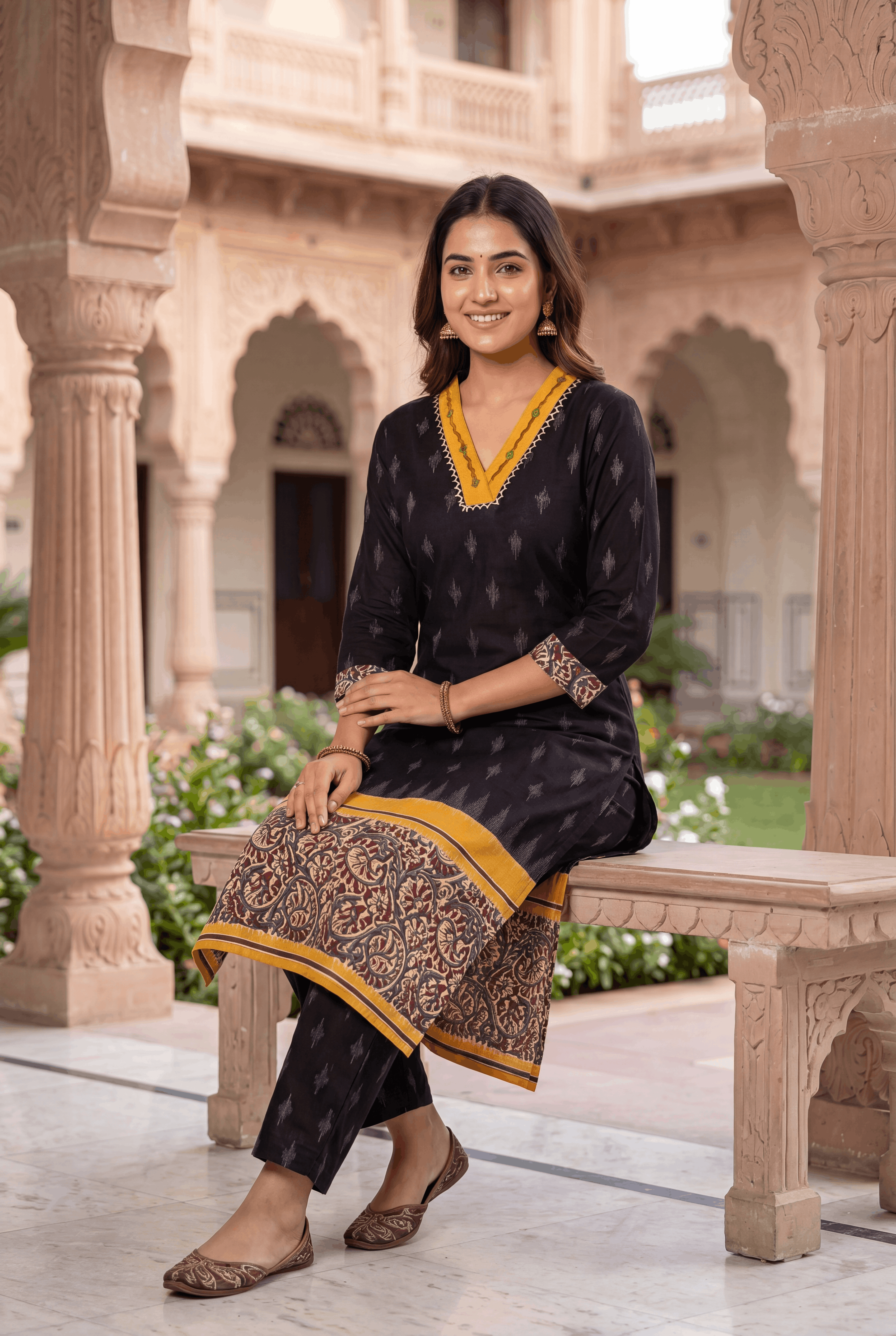 Black Khadi Cotton Kurti with Kairavi Kalamkari Print and Mustard neckline