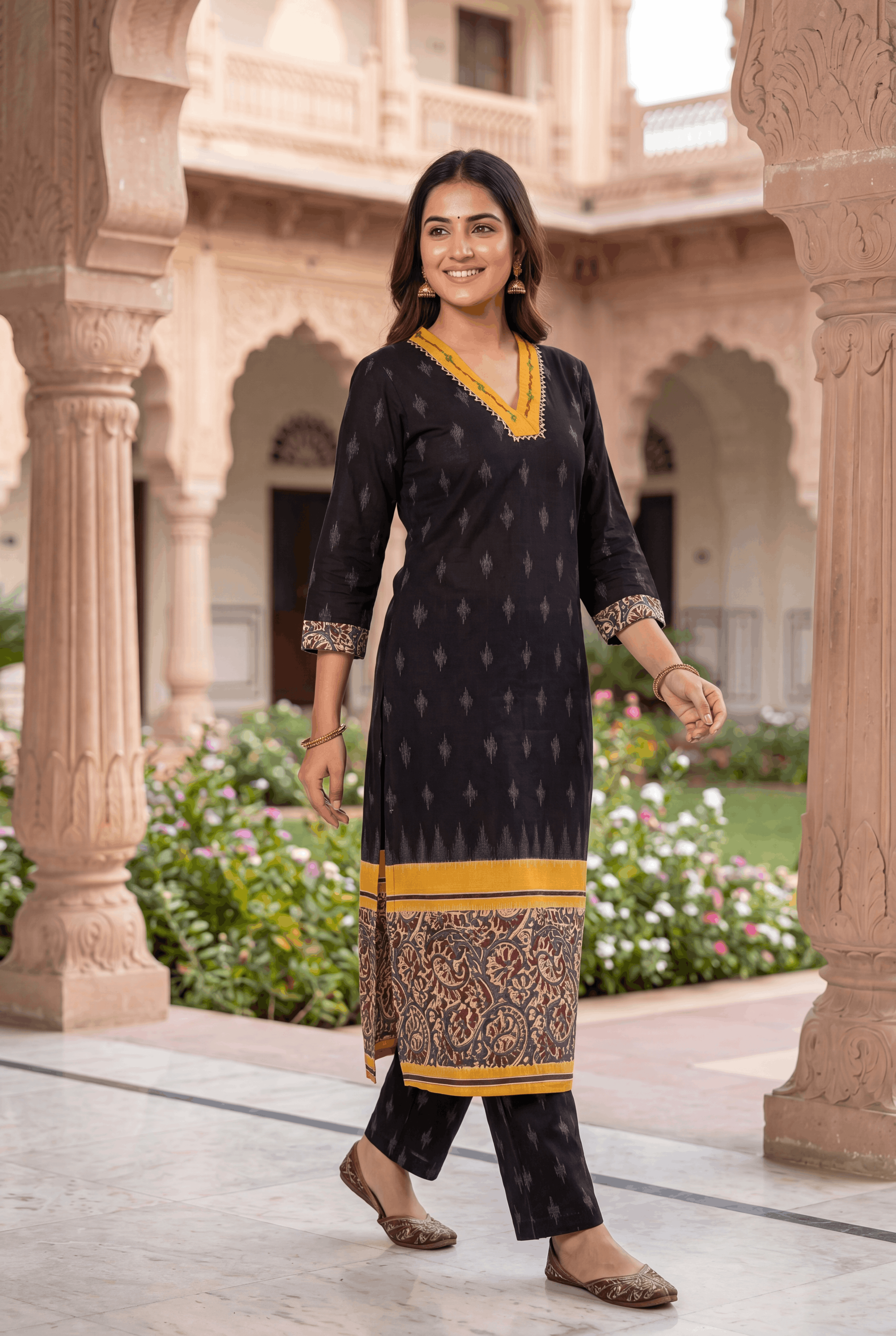 Black Khadi Cotton Kurti with Kairavi Kalamkari Print and Mustard neckline