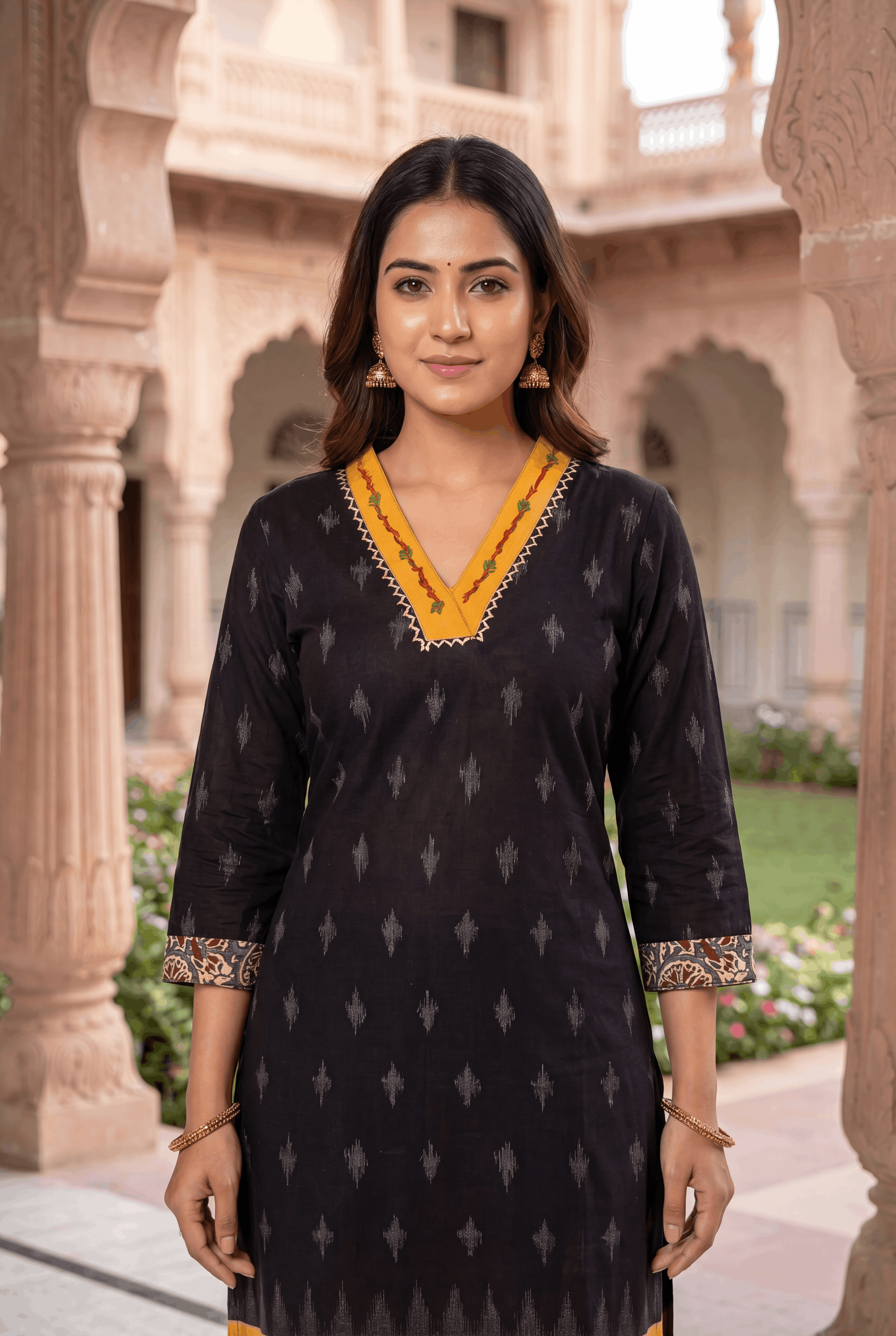 Black Khadi Cotton Kurti with Kairavi Kalamkari Print and Mustard neckline