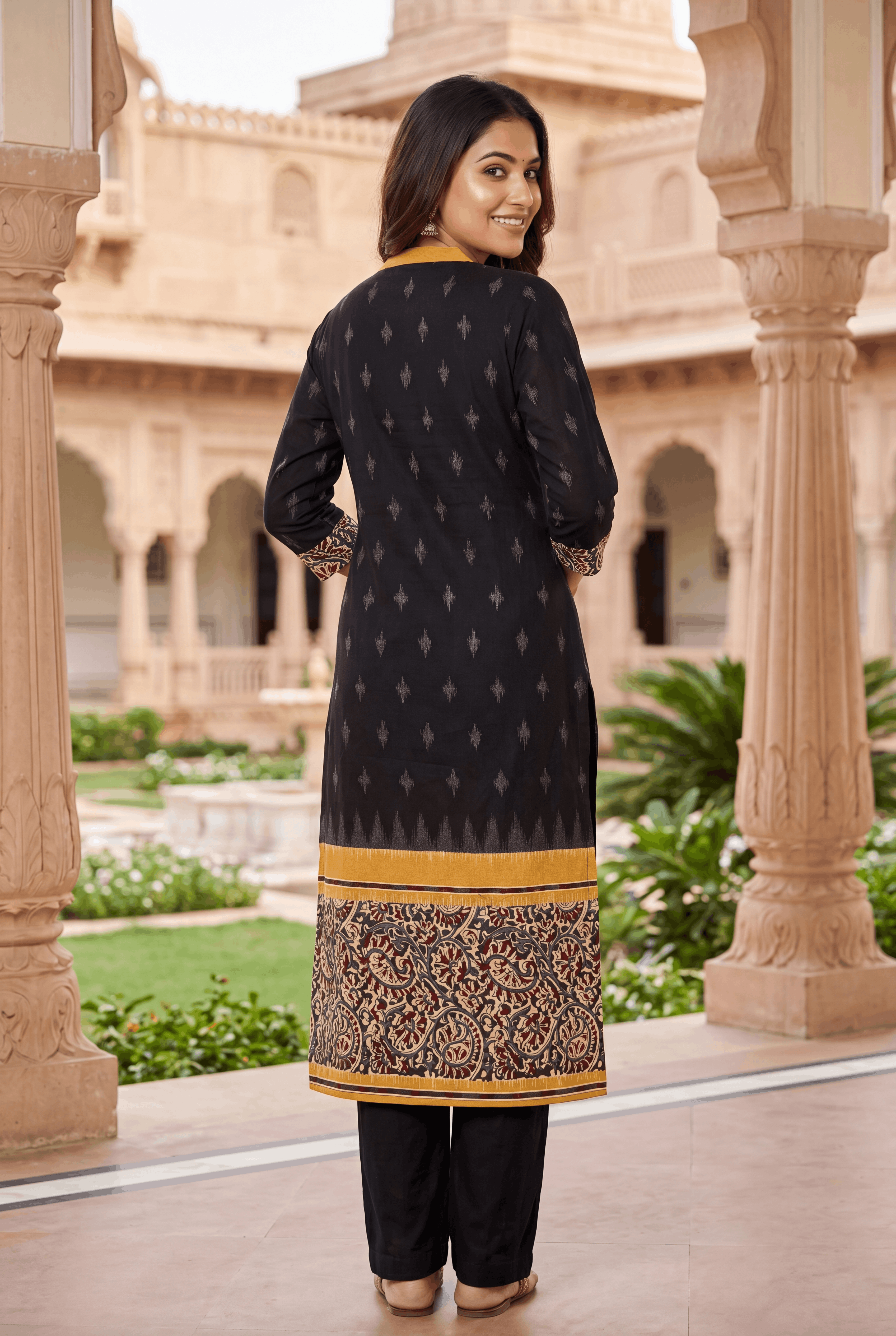 Black Khadi Cotton Kurti with Kairavi Kalamkari Print and Mustard neckline