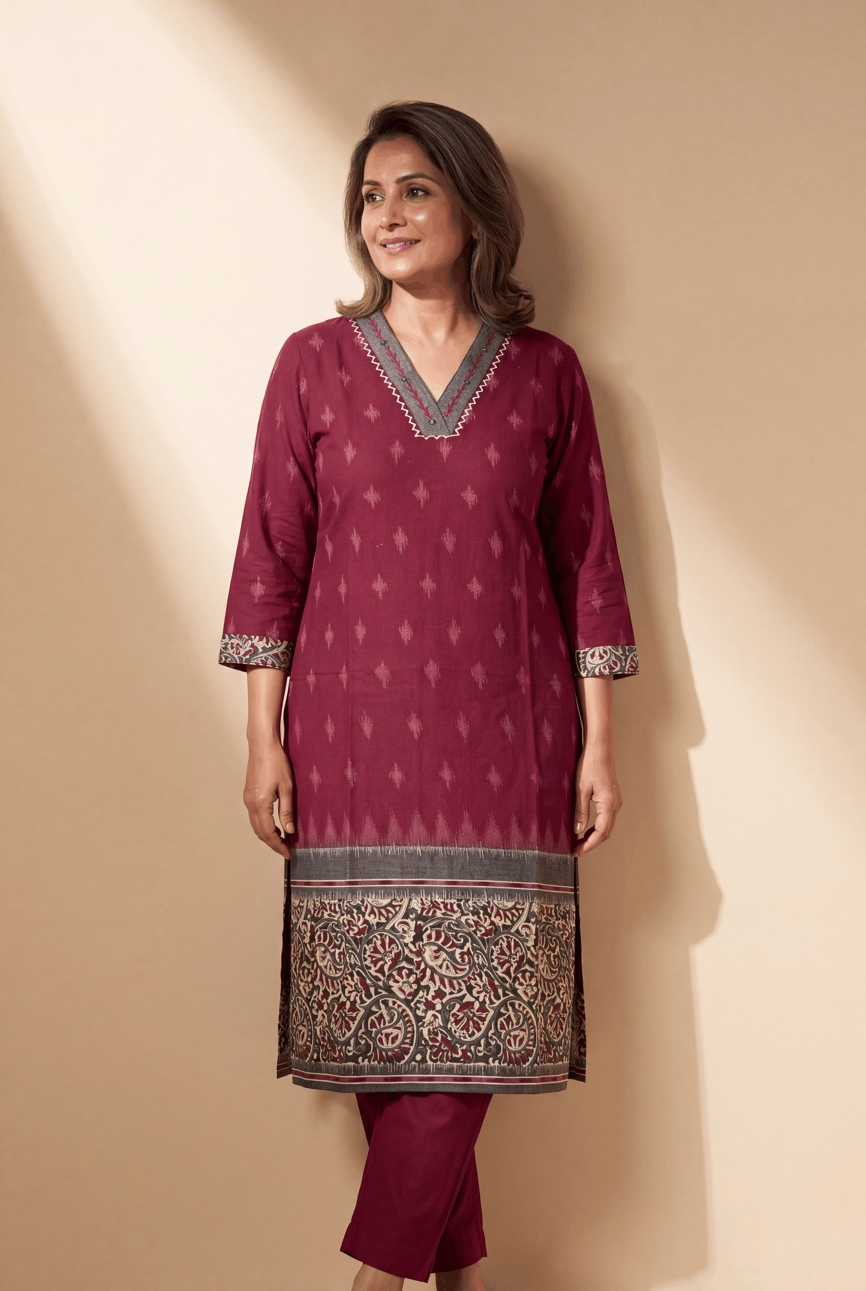 Red Khadi Cotton Kurti with Kairavi Kalamkari Print