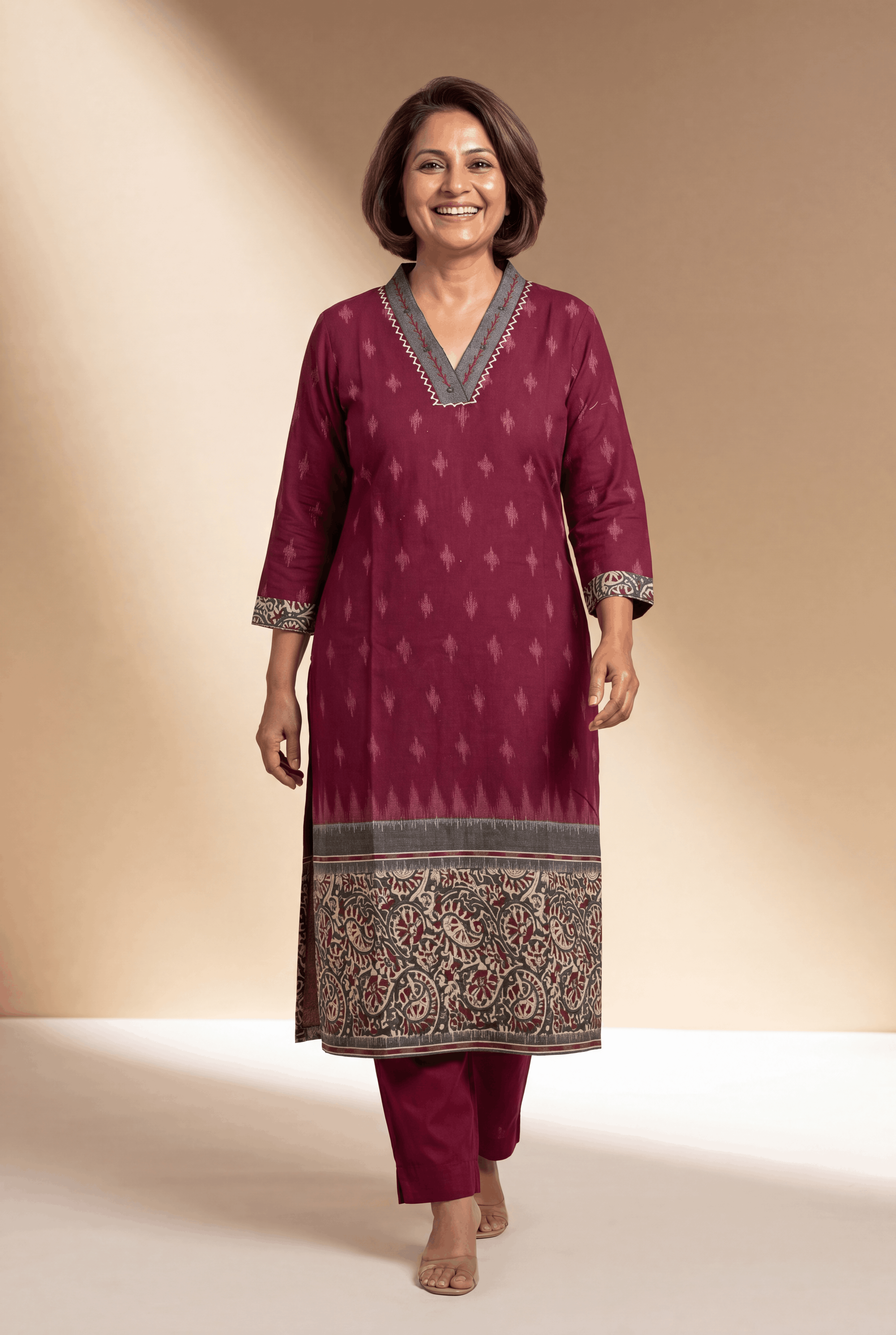 Red Khadi Cotton Kurti with Kairavi Kalamkari Print