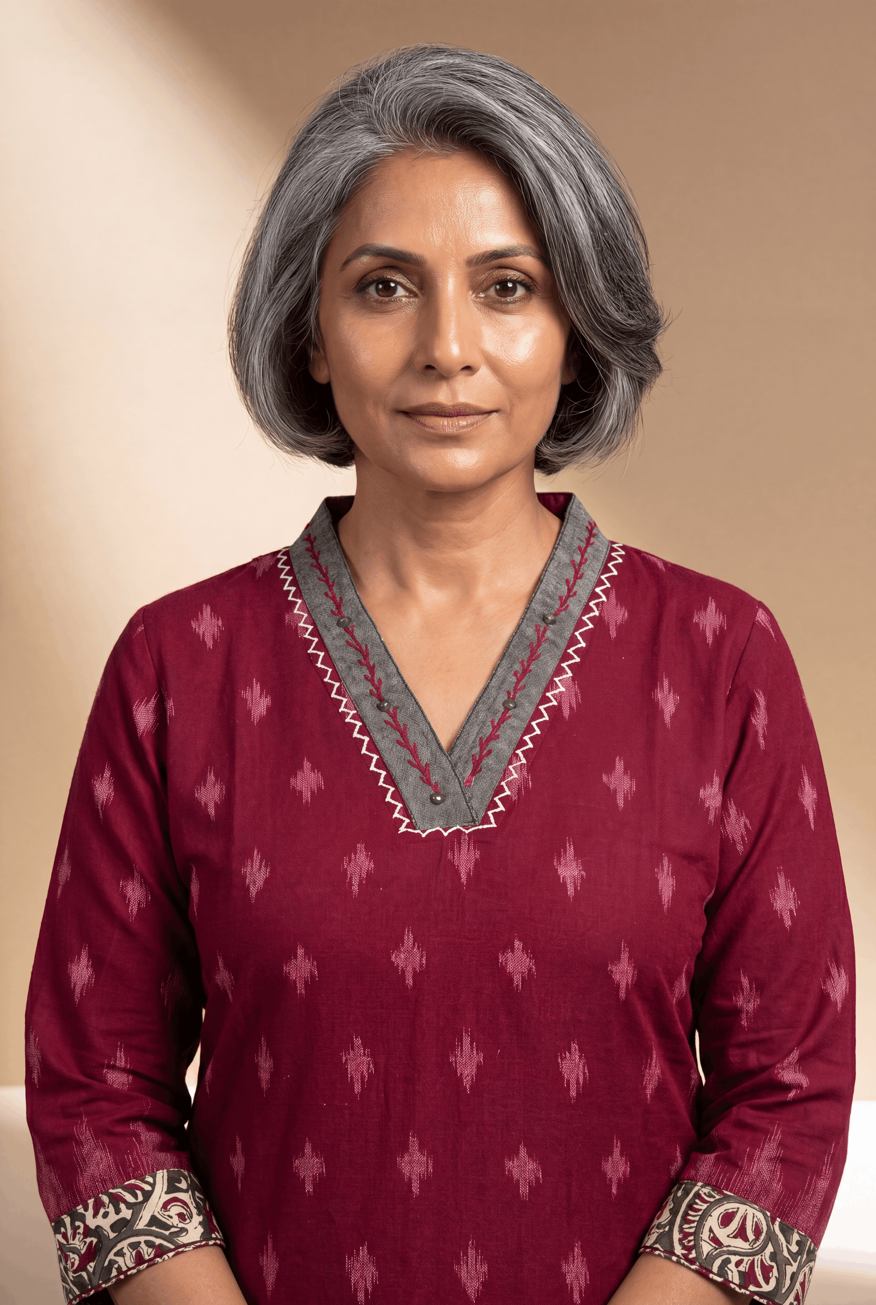 Red Khadi Cotton Kurti with Kairavi Kalamkari Print