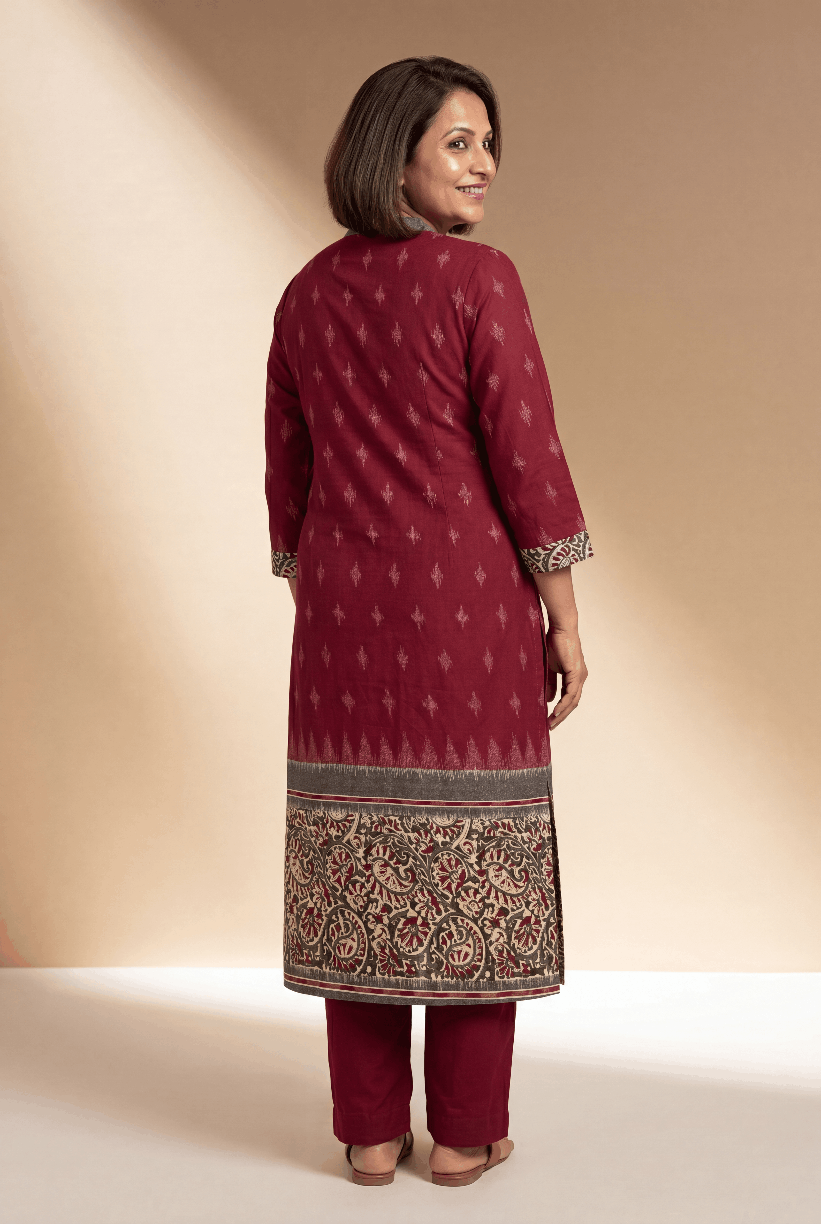 Red Khadi Cotton Kurti with Kairavi Kalamkari Print