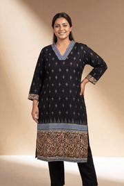 Black Khadi Cotton Kurti with Kairavi Kalamkari Print and Aqua neckline