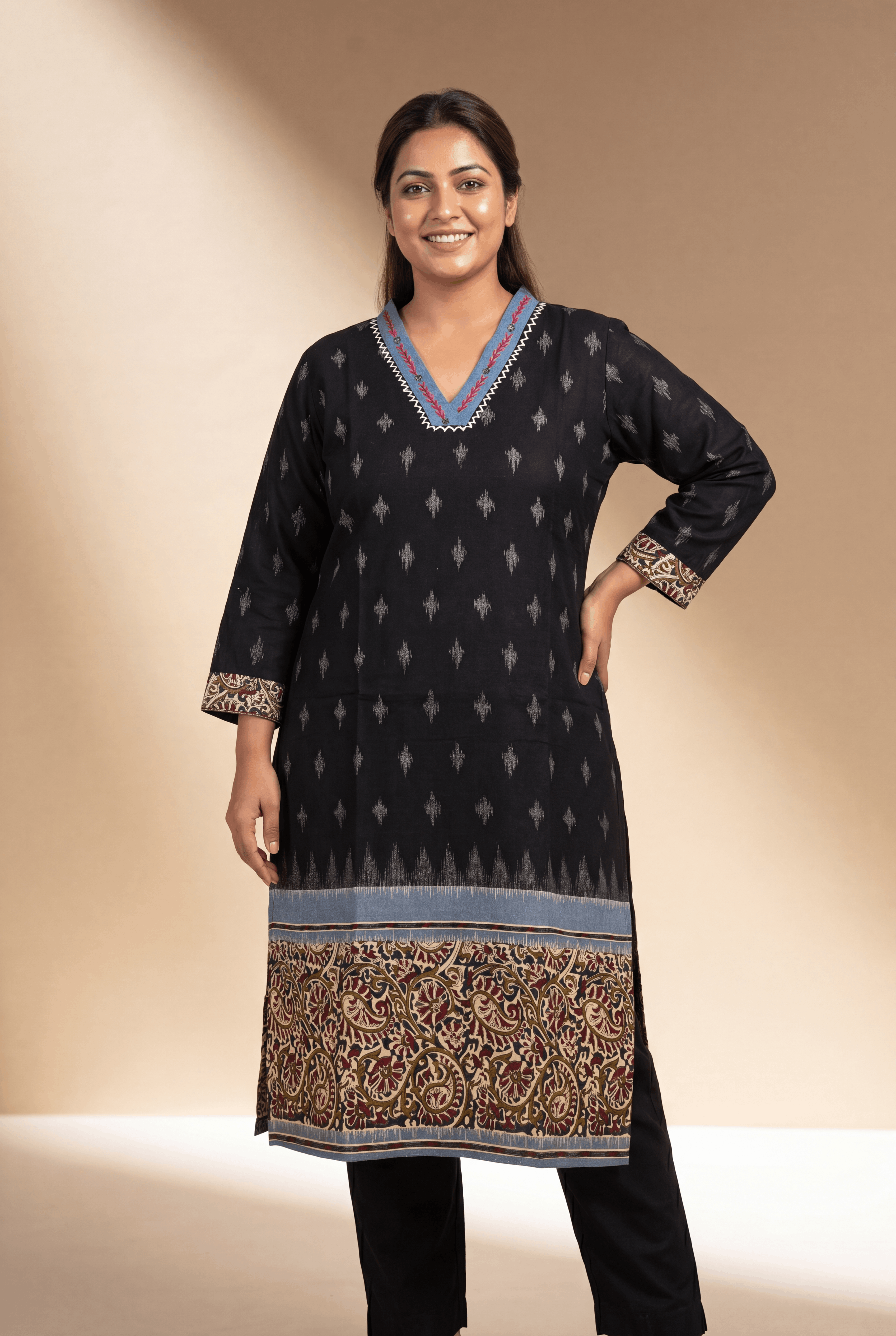 Black Khadi Cotton Kurti with Kairavi Kalamkari Print and Aqua neckline