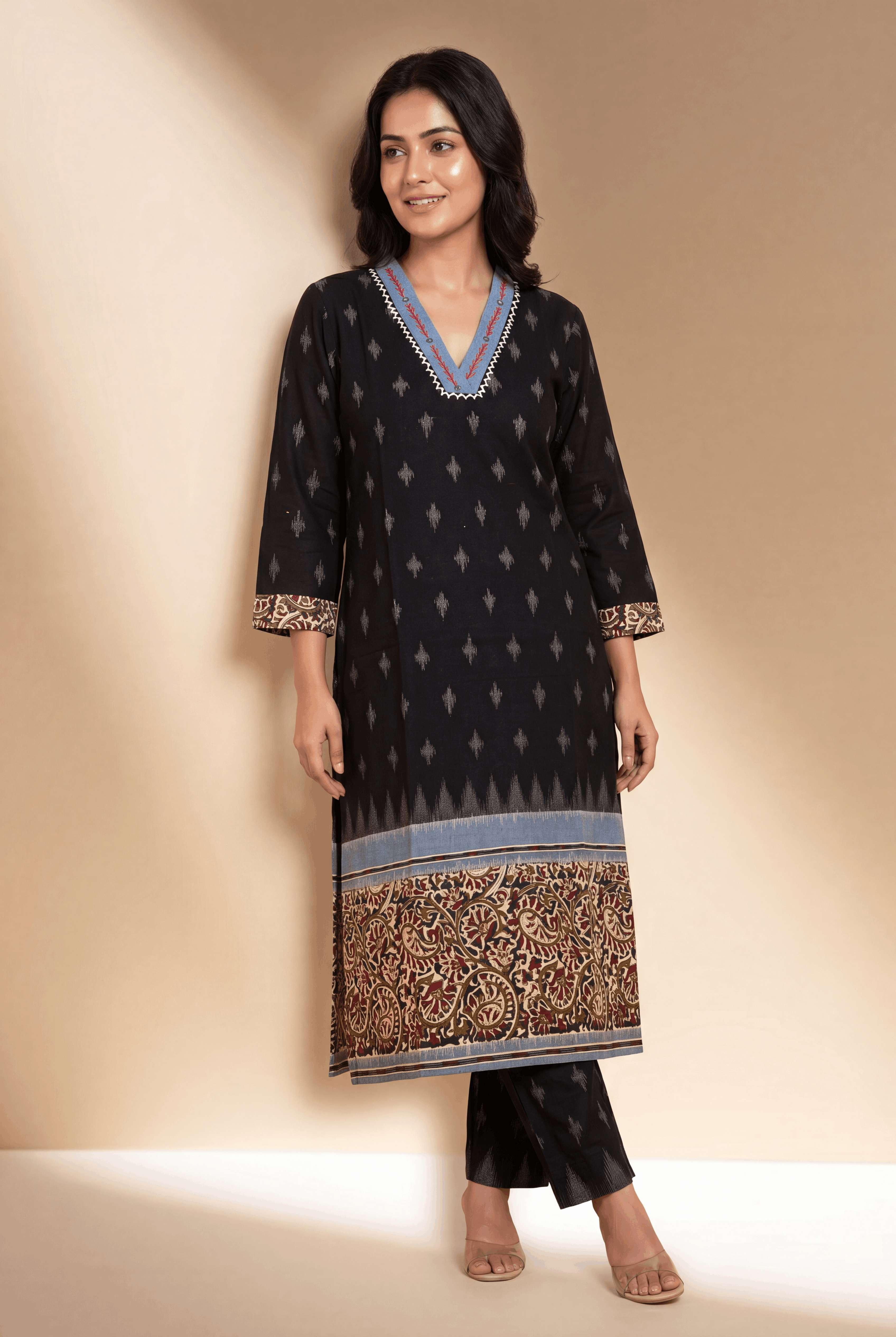 Black Khadi Cotton Kurti with Kairavi Kalamkari Print and Aqua neckline