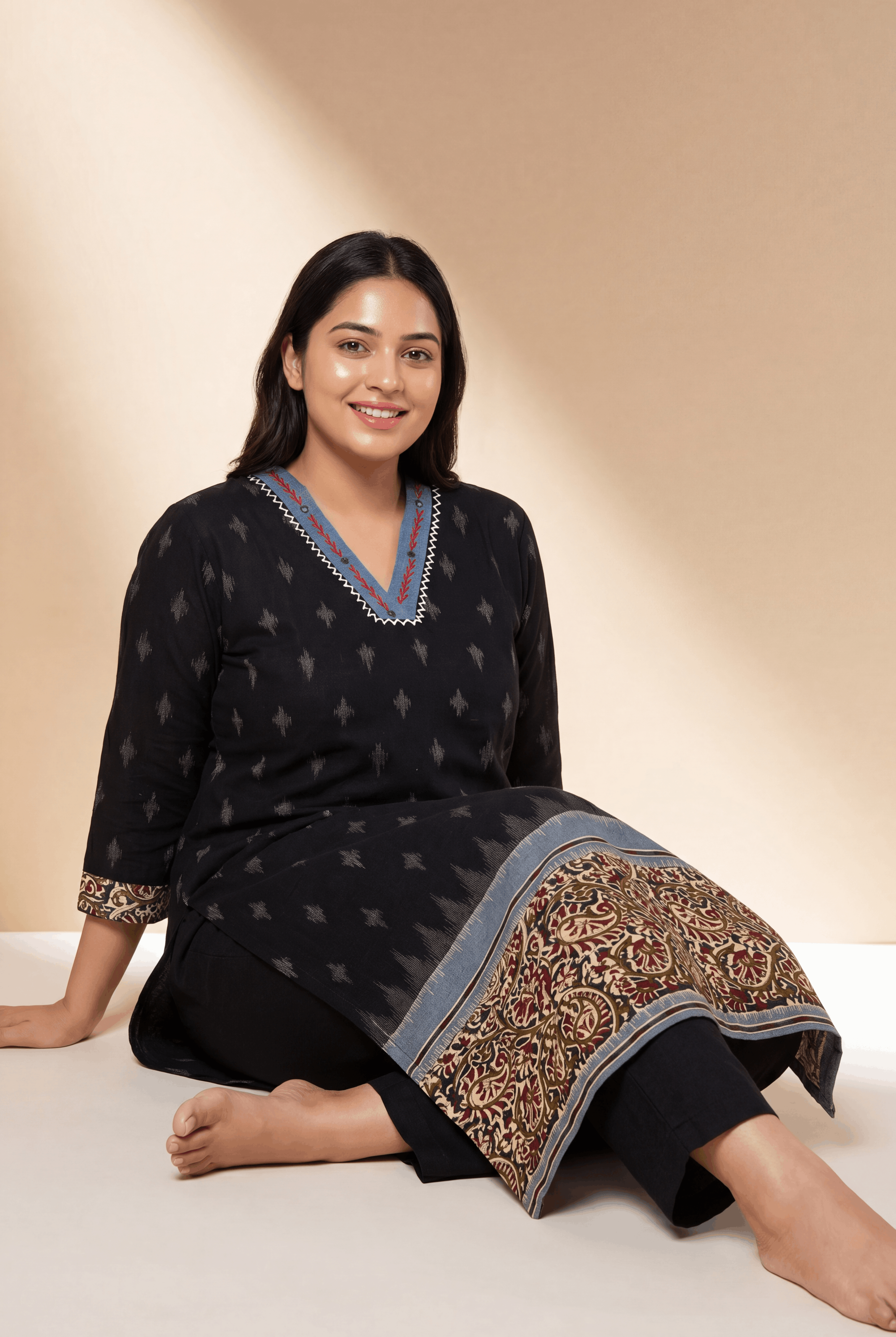 Black Khadi Cotton Kurti with Kairavi Kalamkari Print and Aqua neckline