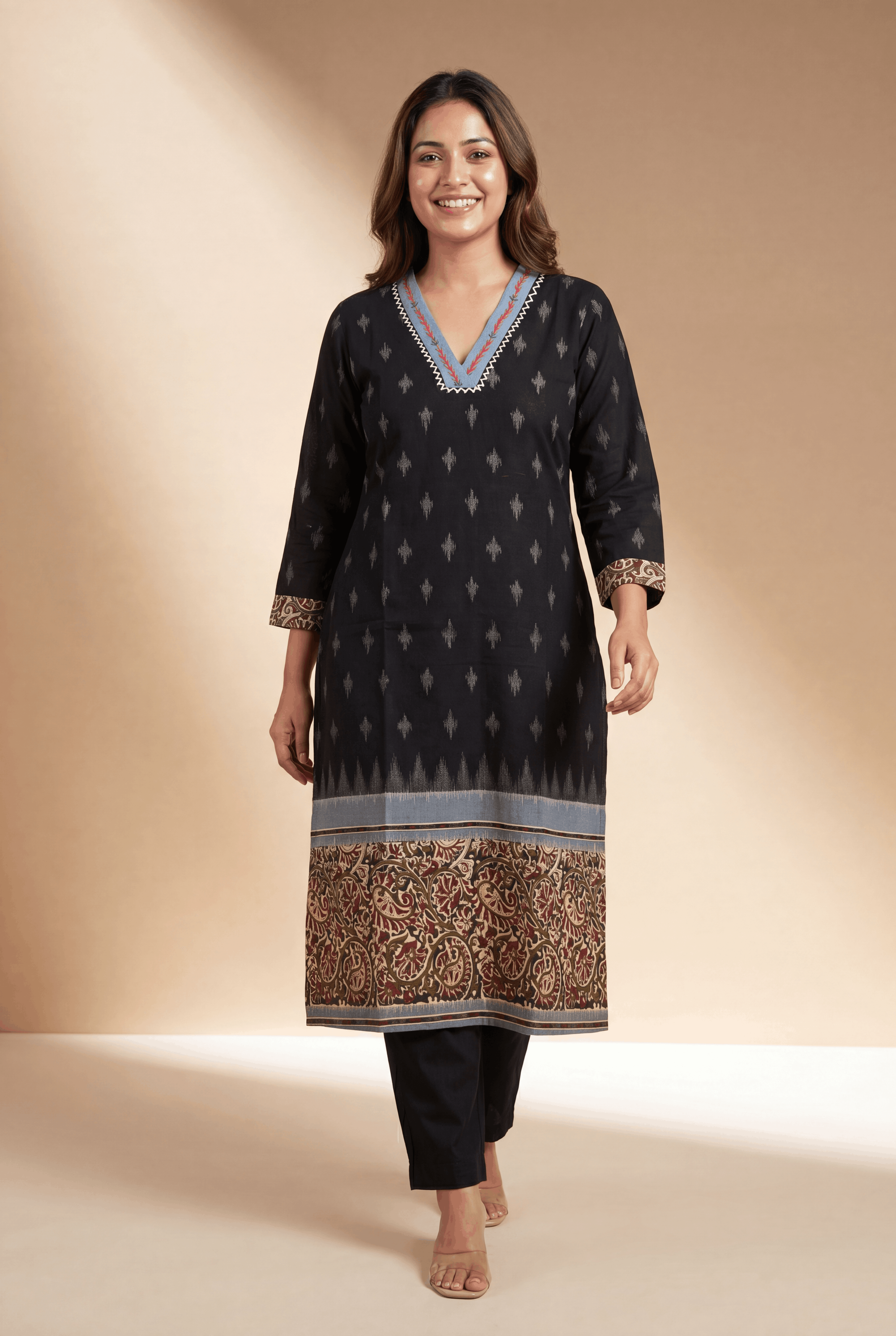 Black Khadi Cotton Kurti with Kairavi Kalamkari Print and Aqua neckline