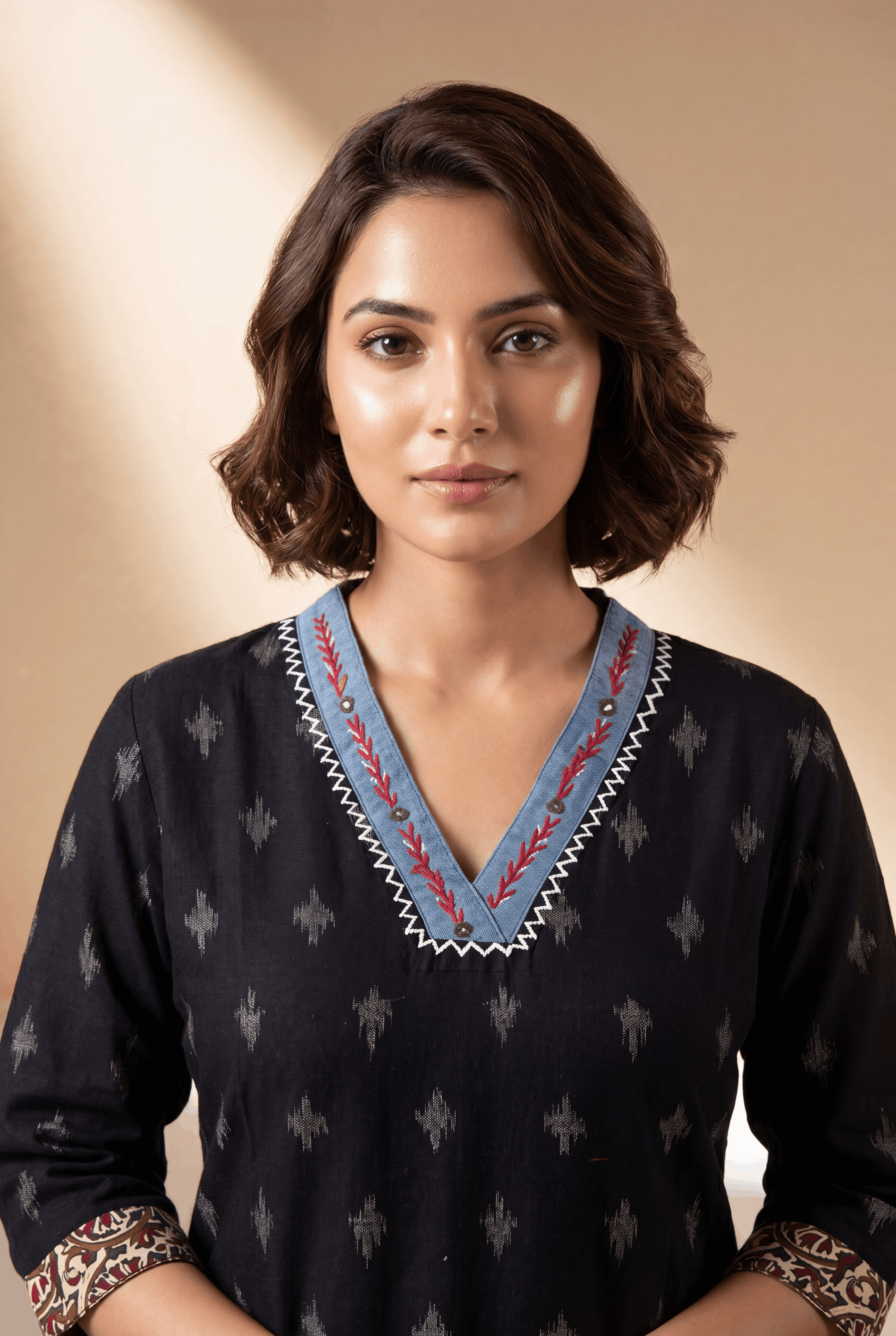 Black Khadi Cotton Kurti with Kairavi Kalamkari Print and Aqua neckline