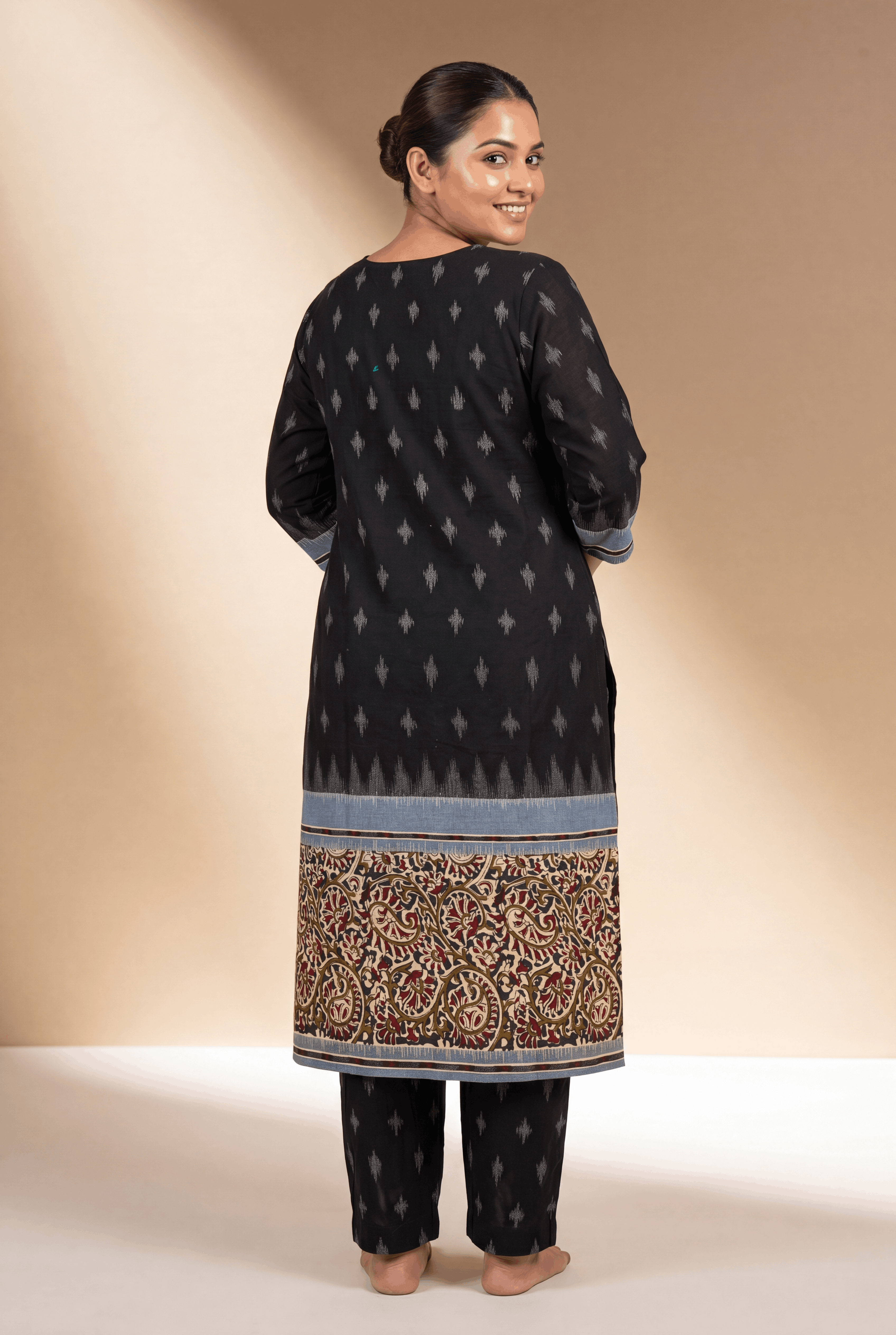 Black Khadi Cotton Kurti with Kairavi Kalamkari Print and Aqua neckline