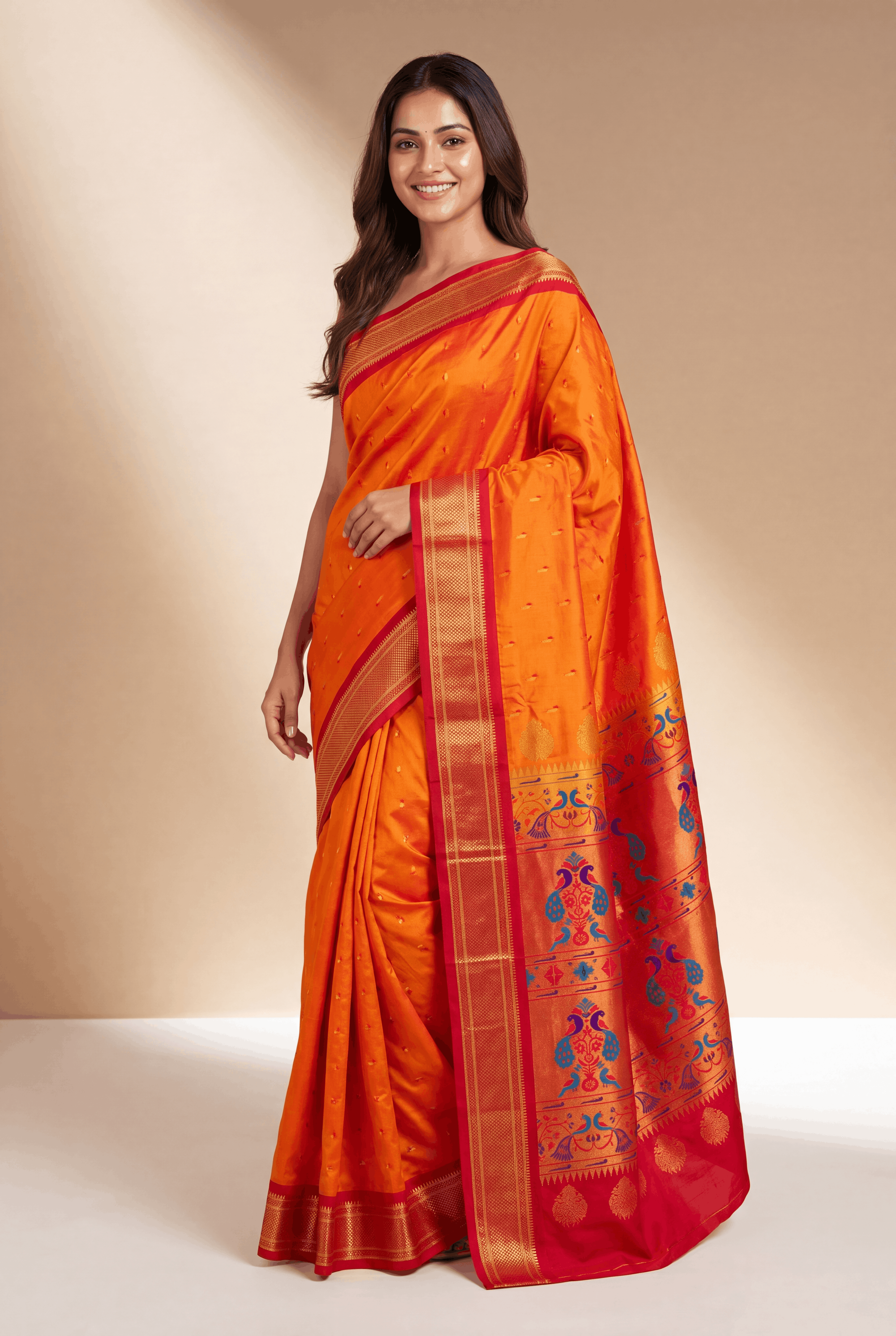 Kesari Orange Apurva Silk Paithani Saree with Munya butti and Chattai border