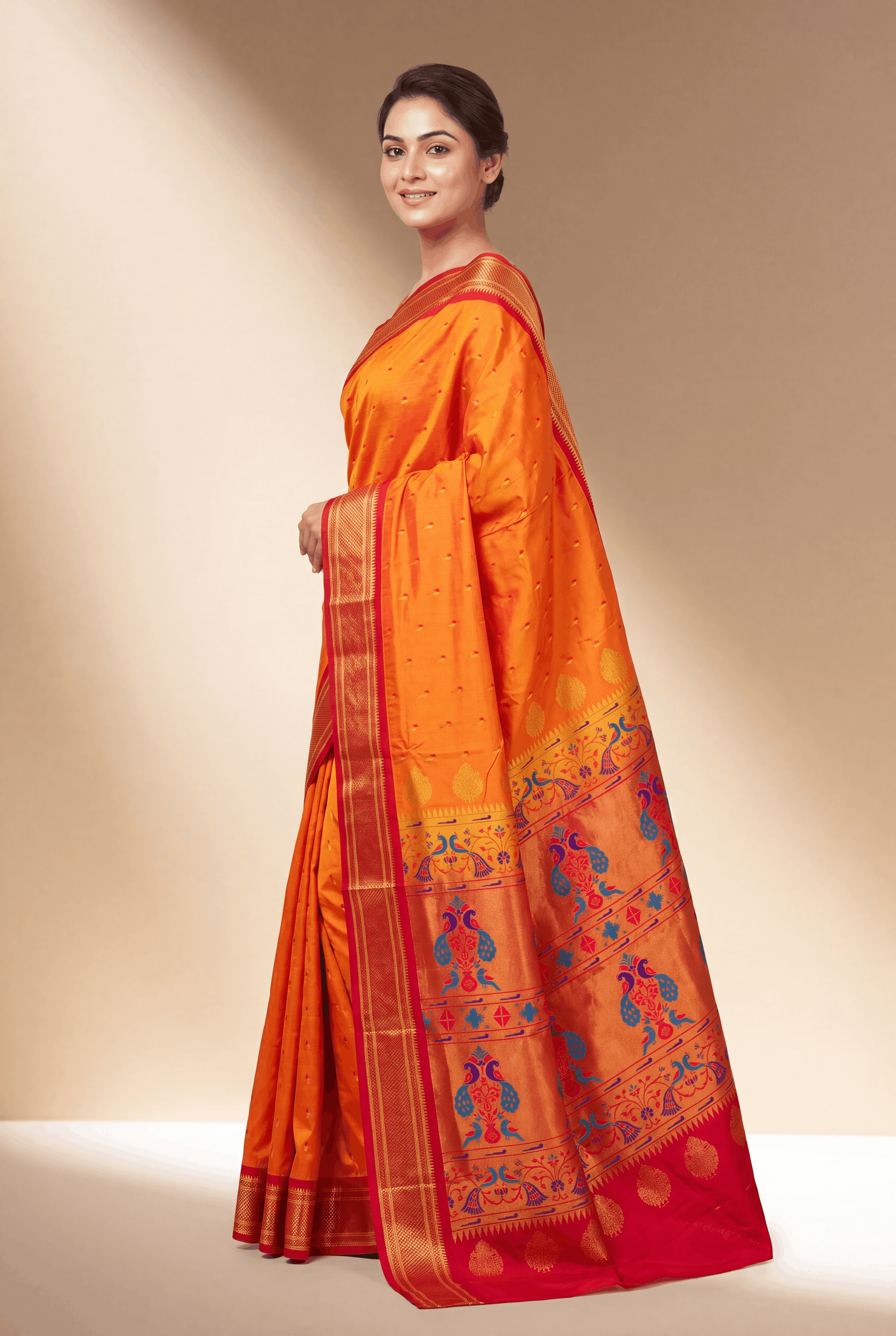 Kesari Orange Apurva Silk Paithani Saree with Munya butti and Chattai border
