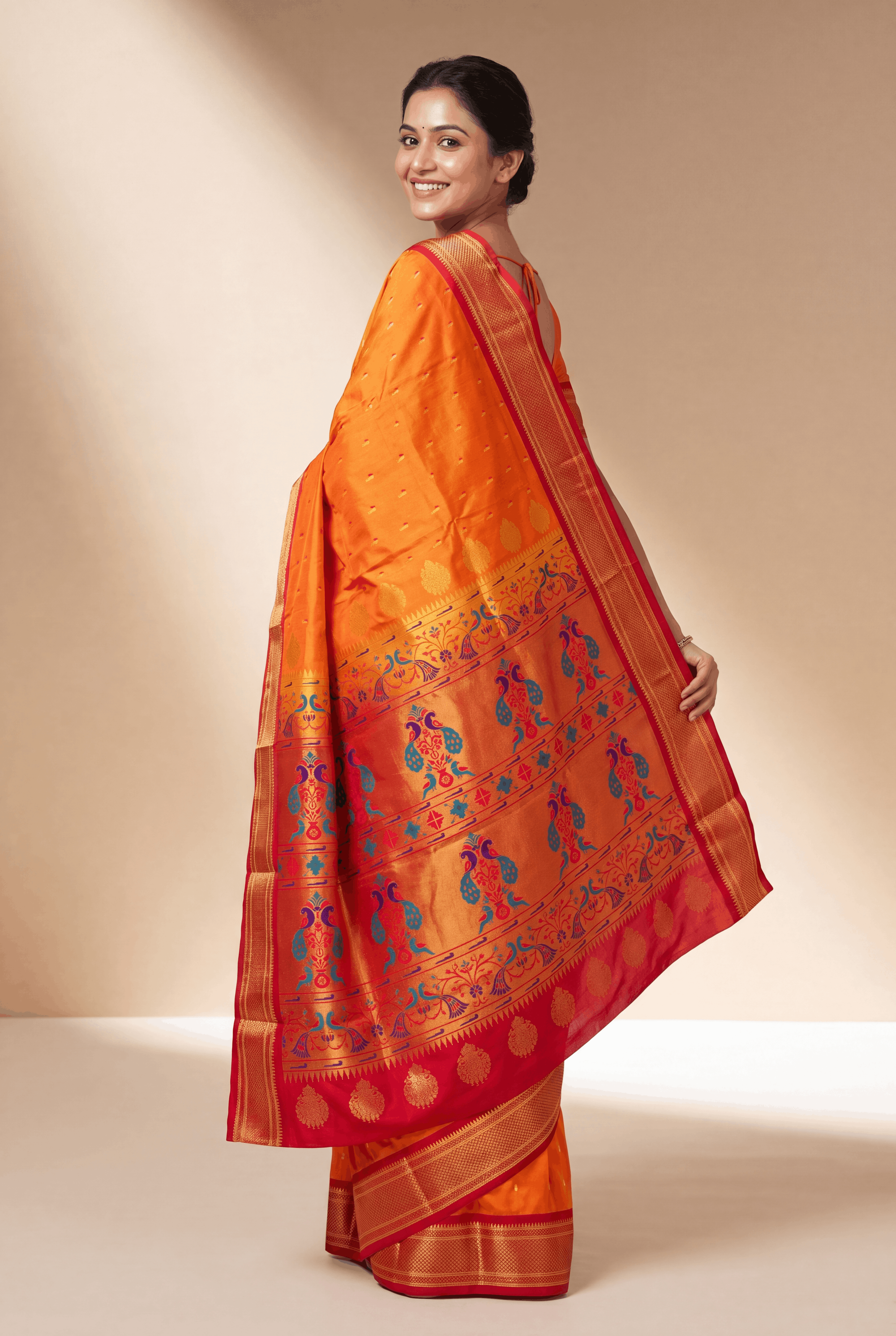Kesari Orange Apurva Silk Paithani Saree with Munya butti and Chattai border