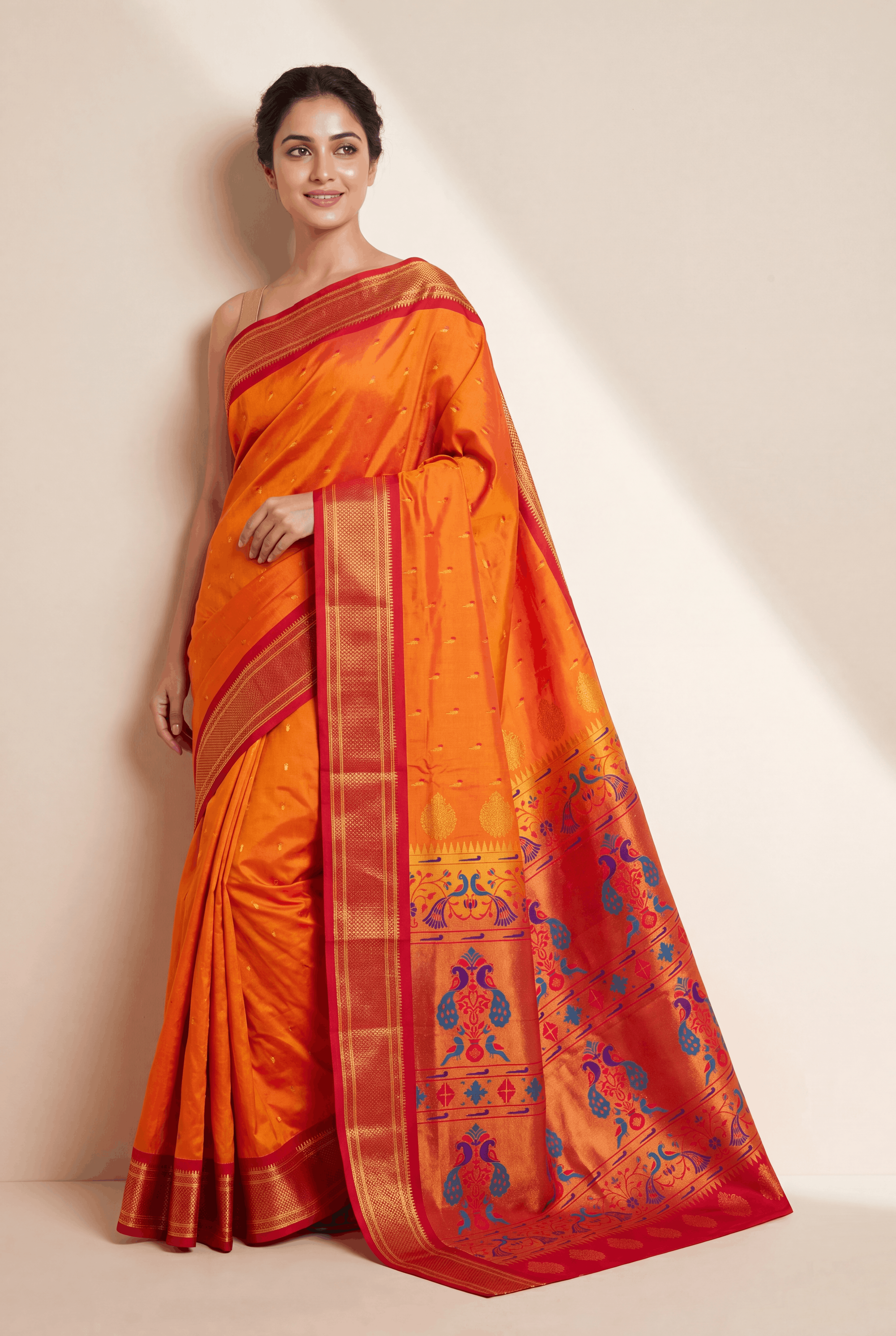 Kesari Orange Apurva Silk Paithani Saree with Munya butti and Chattai border