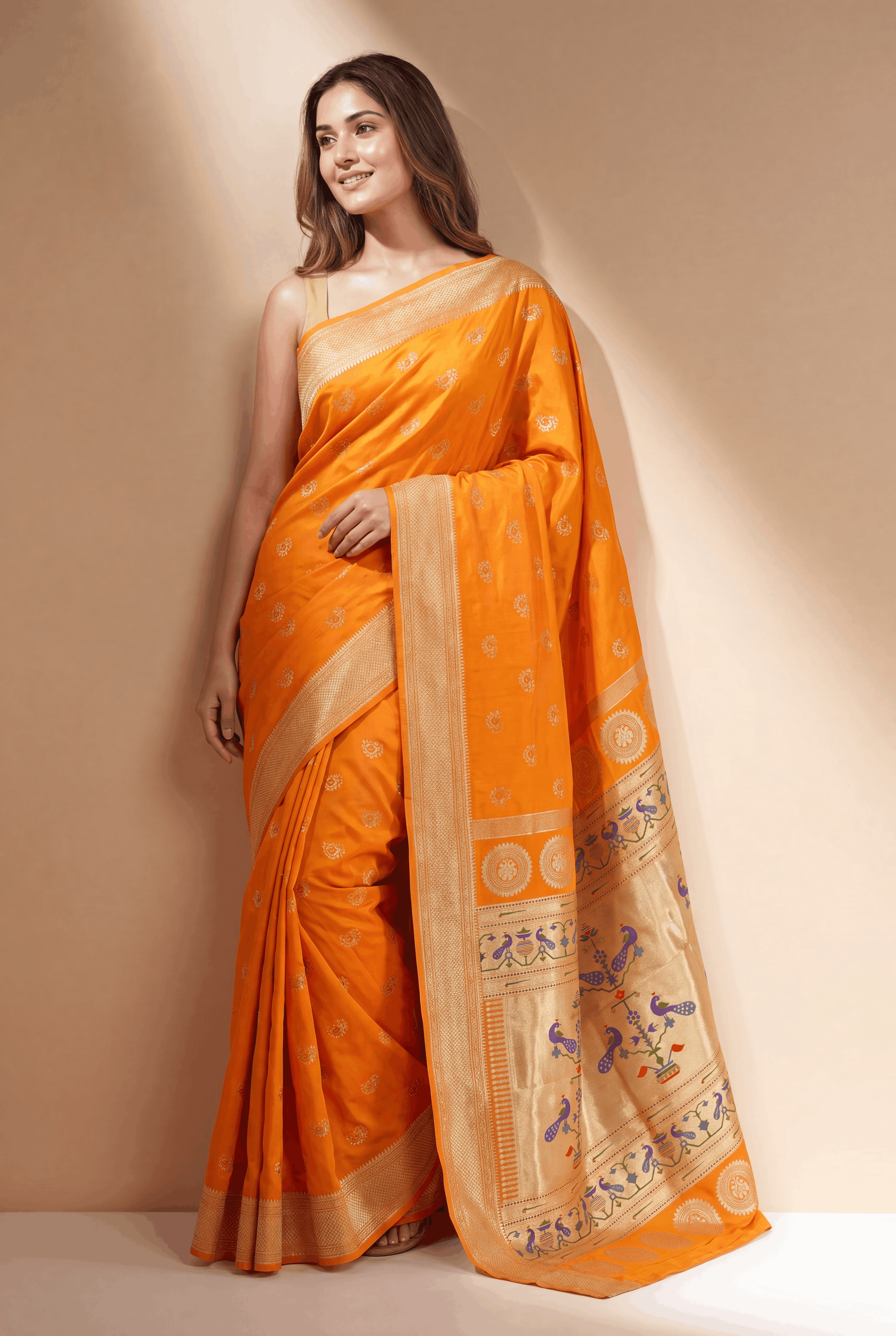 Kesari Orange Apurva Silk Paithani Saree with Nath butti