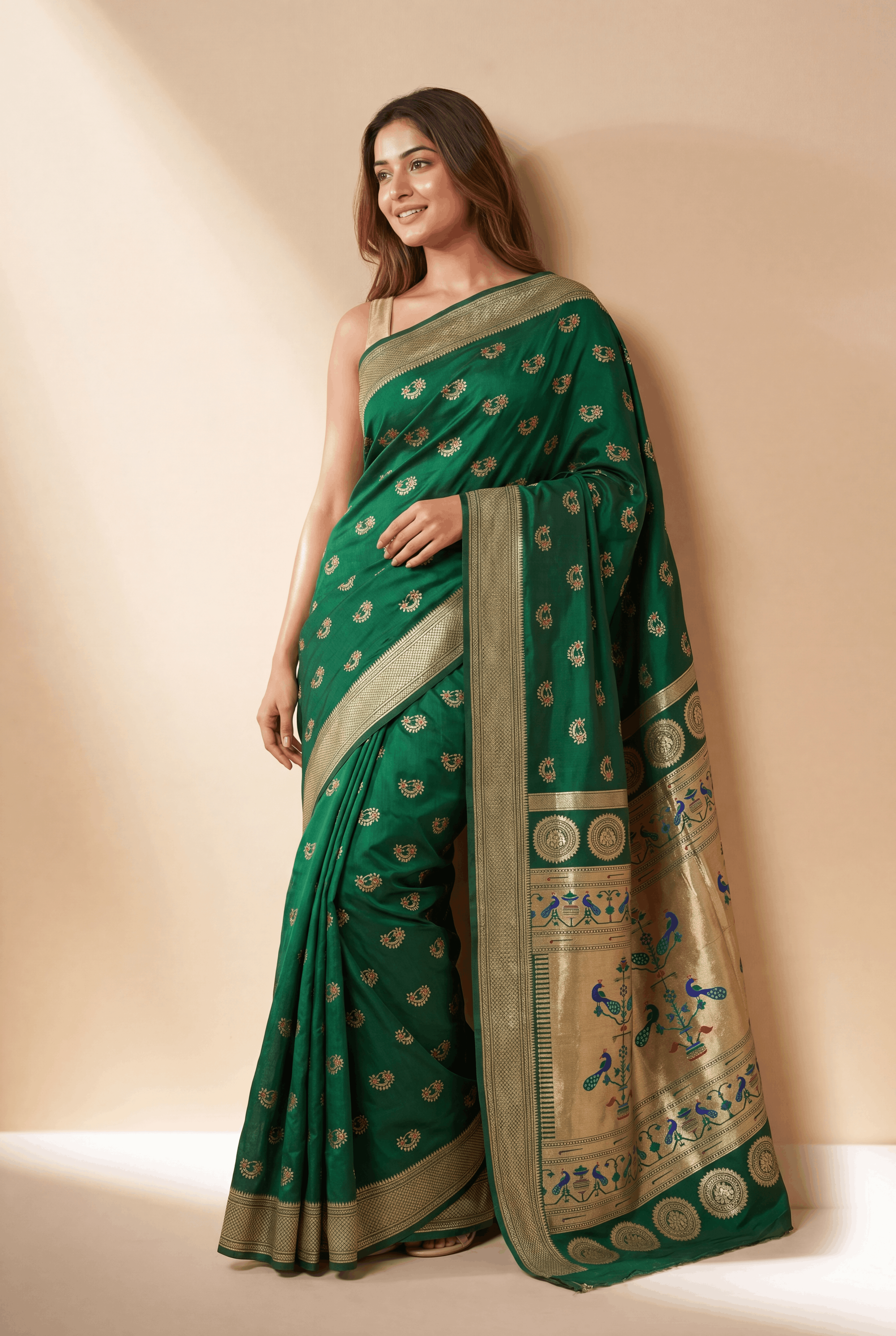 Bottle Green Apurva Silk Paithani Saree with Nath butti