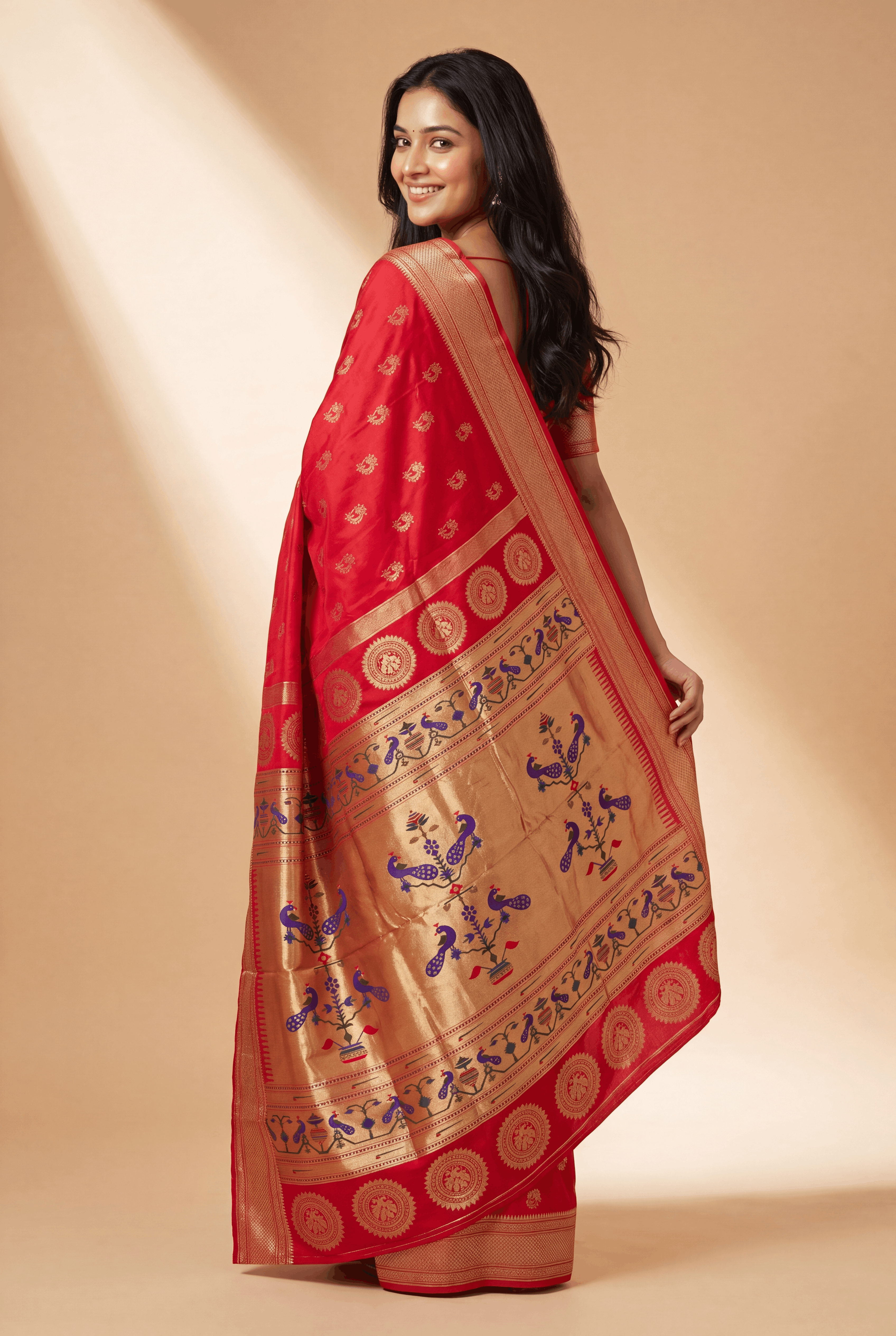 Dhoop Chaon Red Rani Apurva Silk Paithani Saree with Nath butti