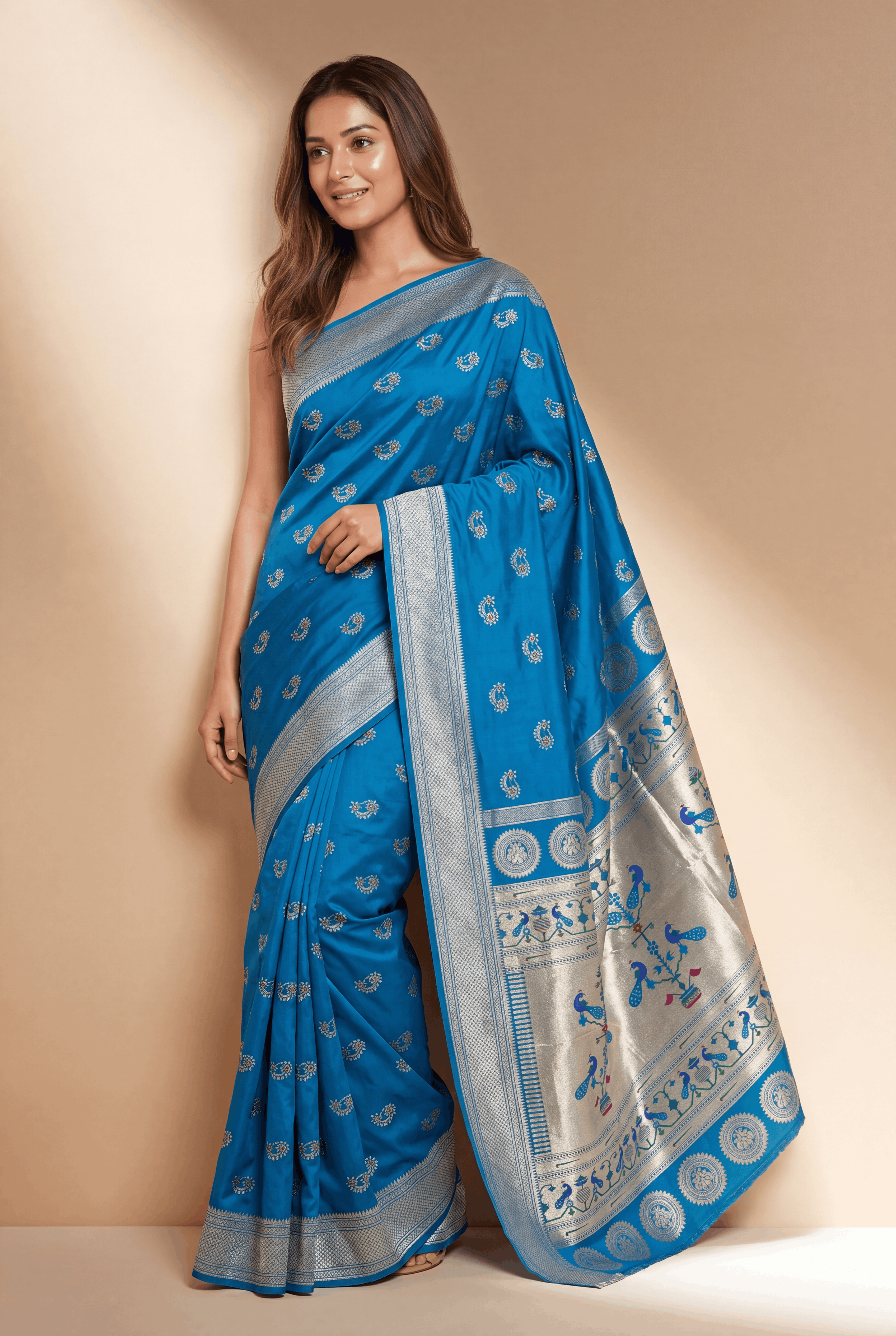 Peacock Blue Apurva Silk Paithani Saree with Nath butti