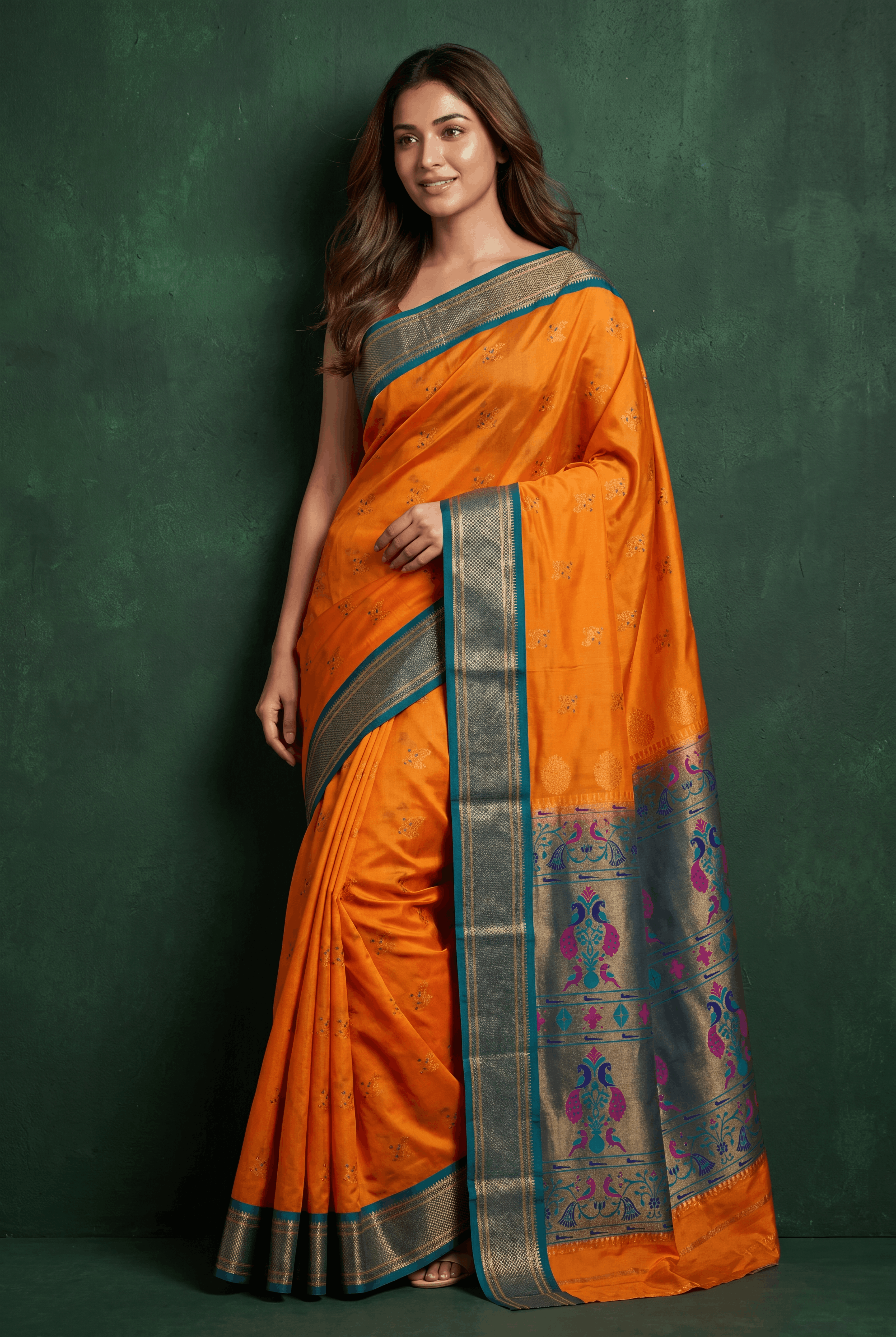 Haldi Yellow Apurva Silk Paithani Saree with contrast Rama border and Meenakari pallu and butti