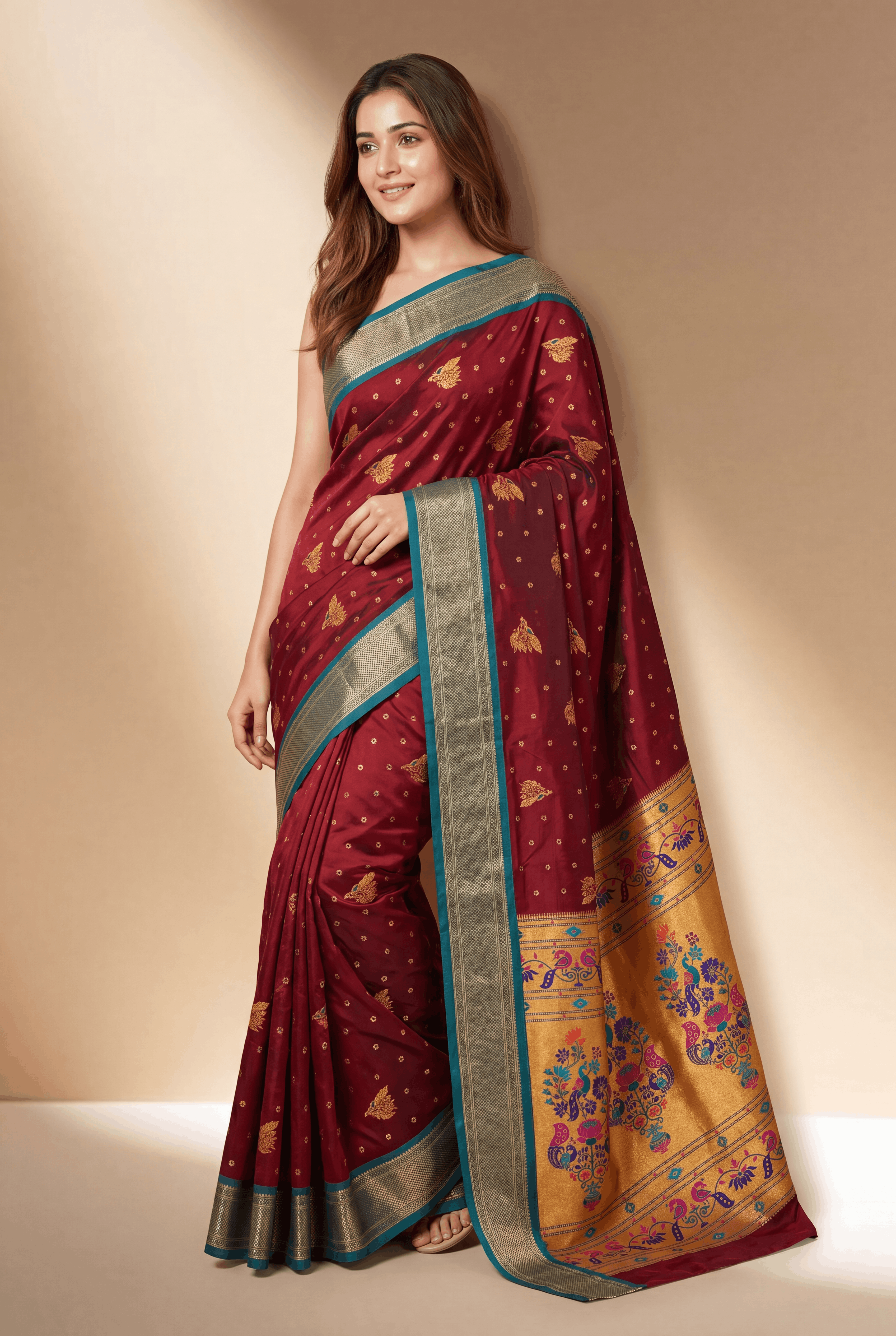 Burgundy Apurva Silk Paithani Saree with Rama Meenakari butti
