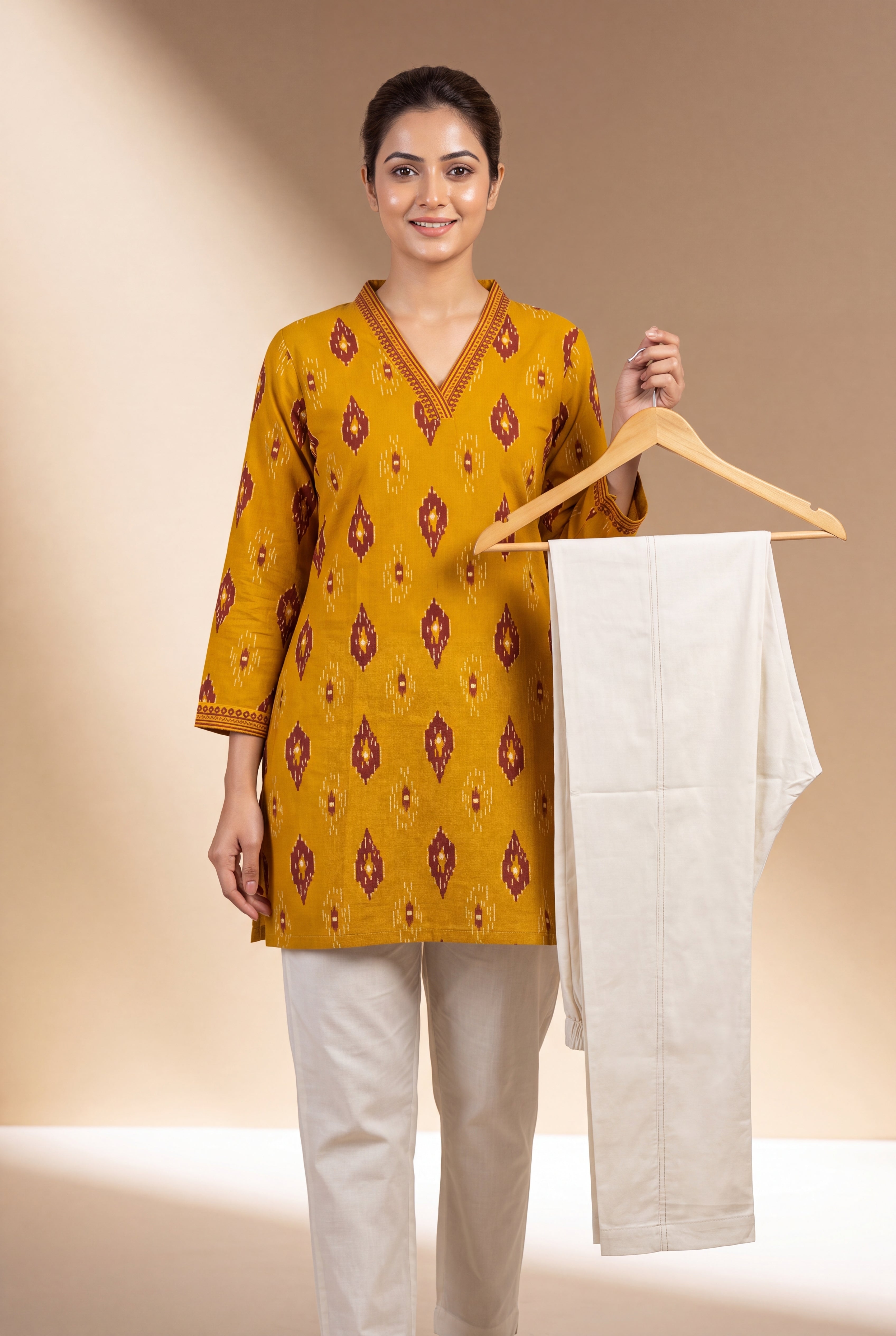 Off White Cotton Stretch Pants with Elastic waistband