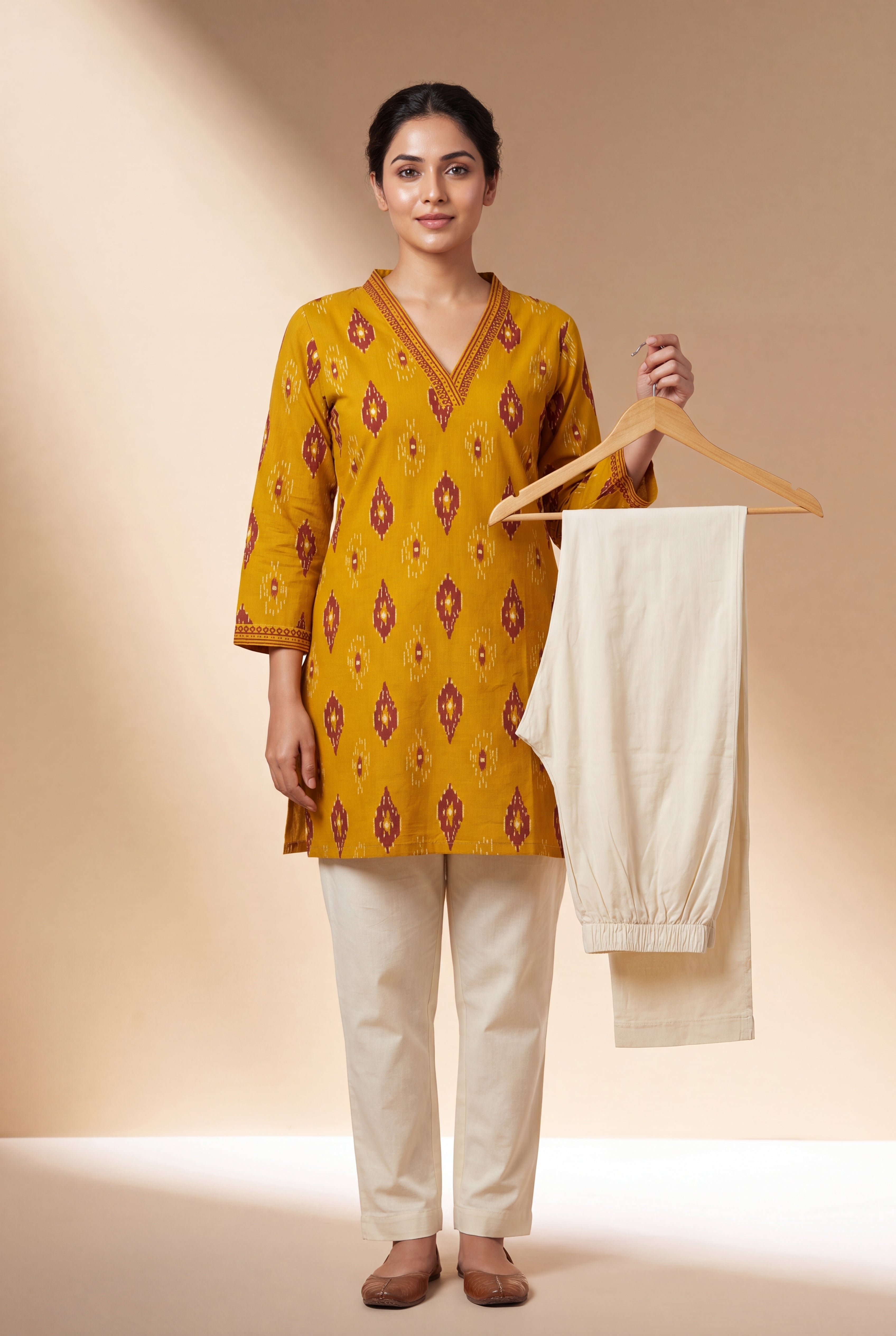 Dark Cream Cotton Stretch Pants with Elastic waistband