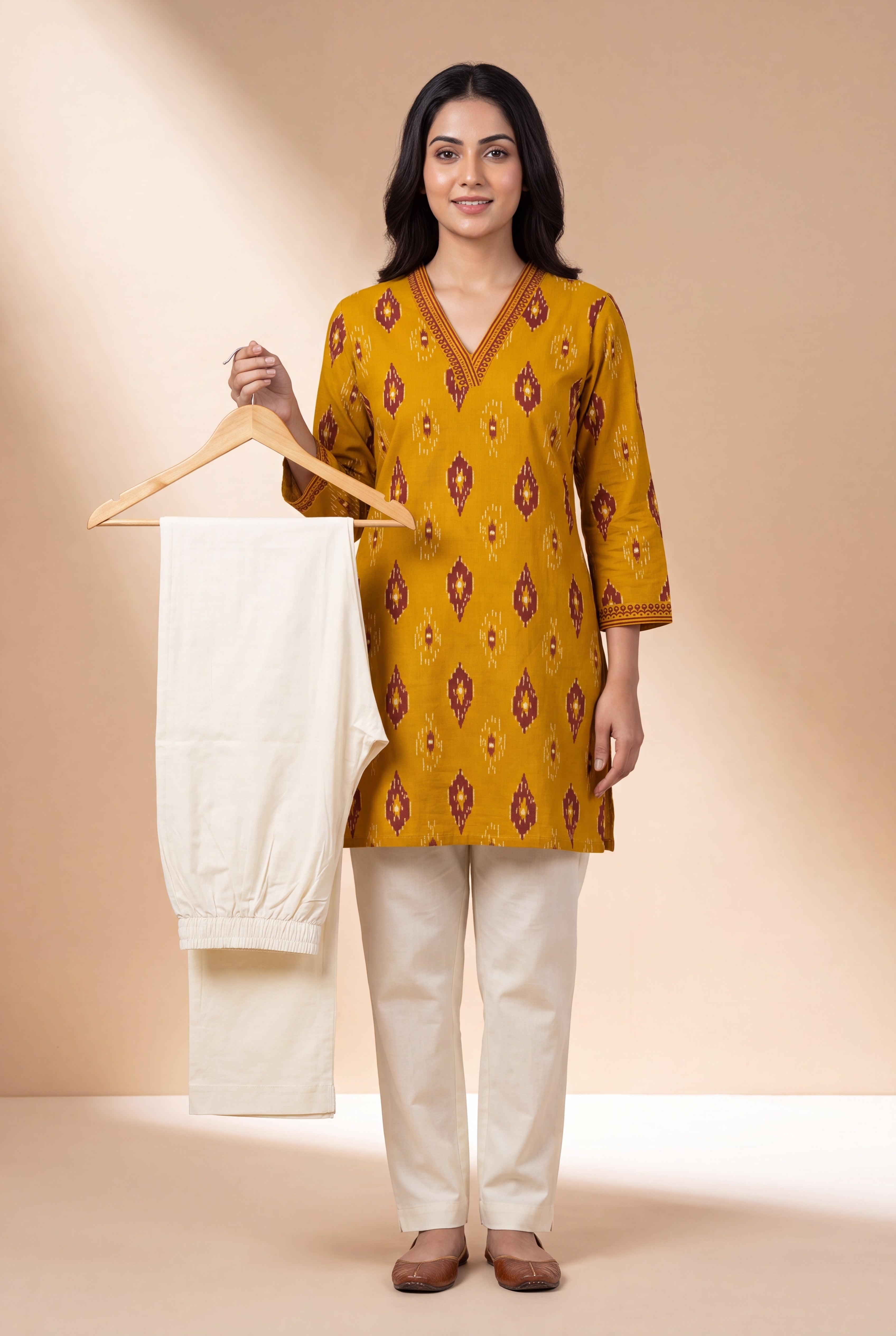 Light Cream Cotton Stretch Pants with Elastic waistband