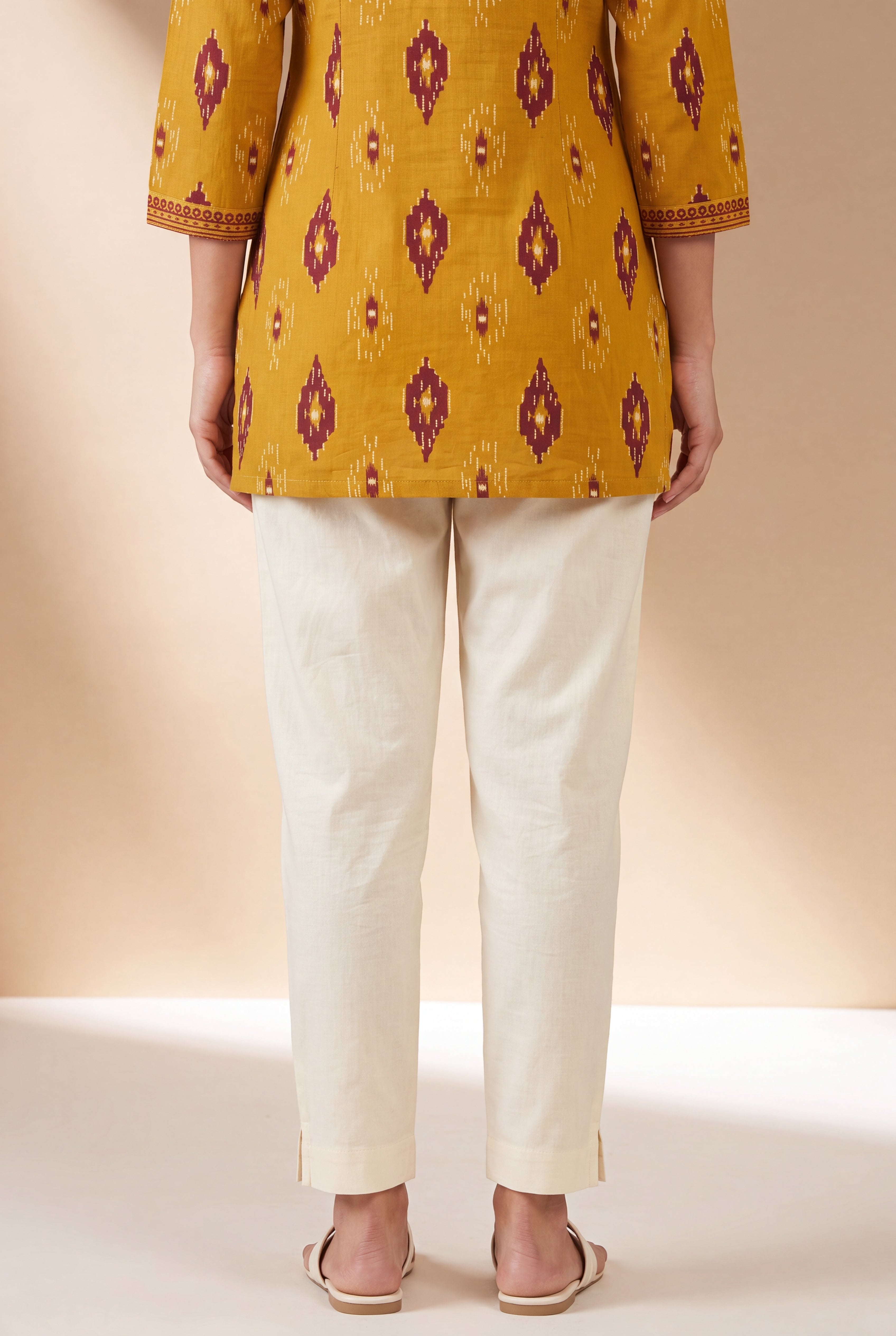 Light Cream Cotton Stretch Pants with Elastic waistband