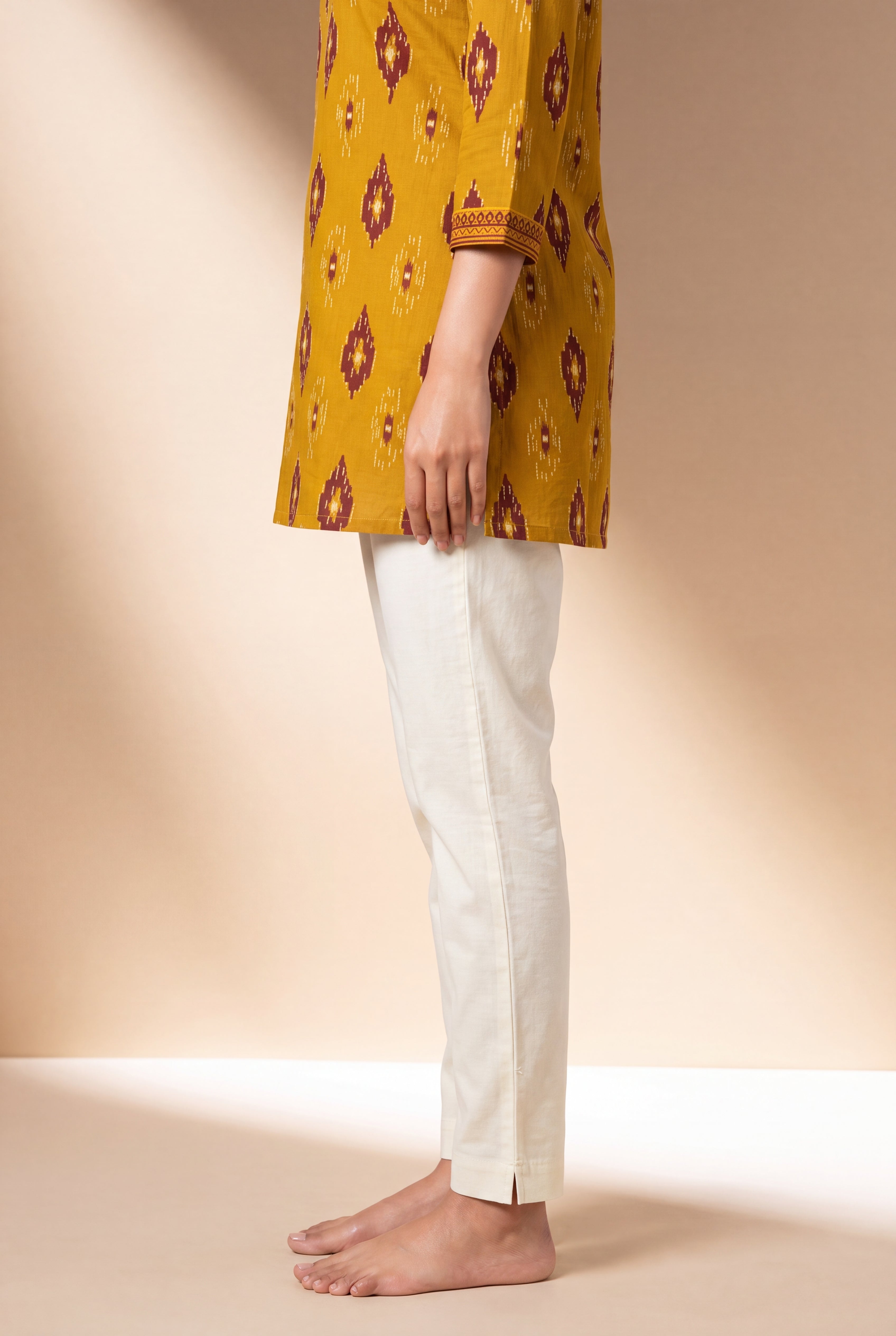 Light Cream Cotton Stretch Pants with Elastic waistband
