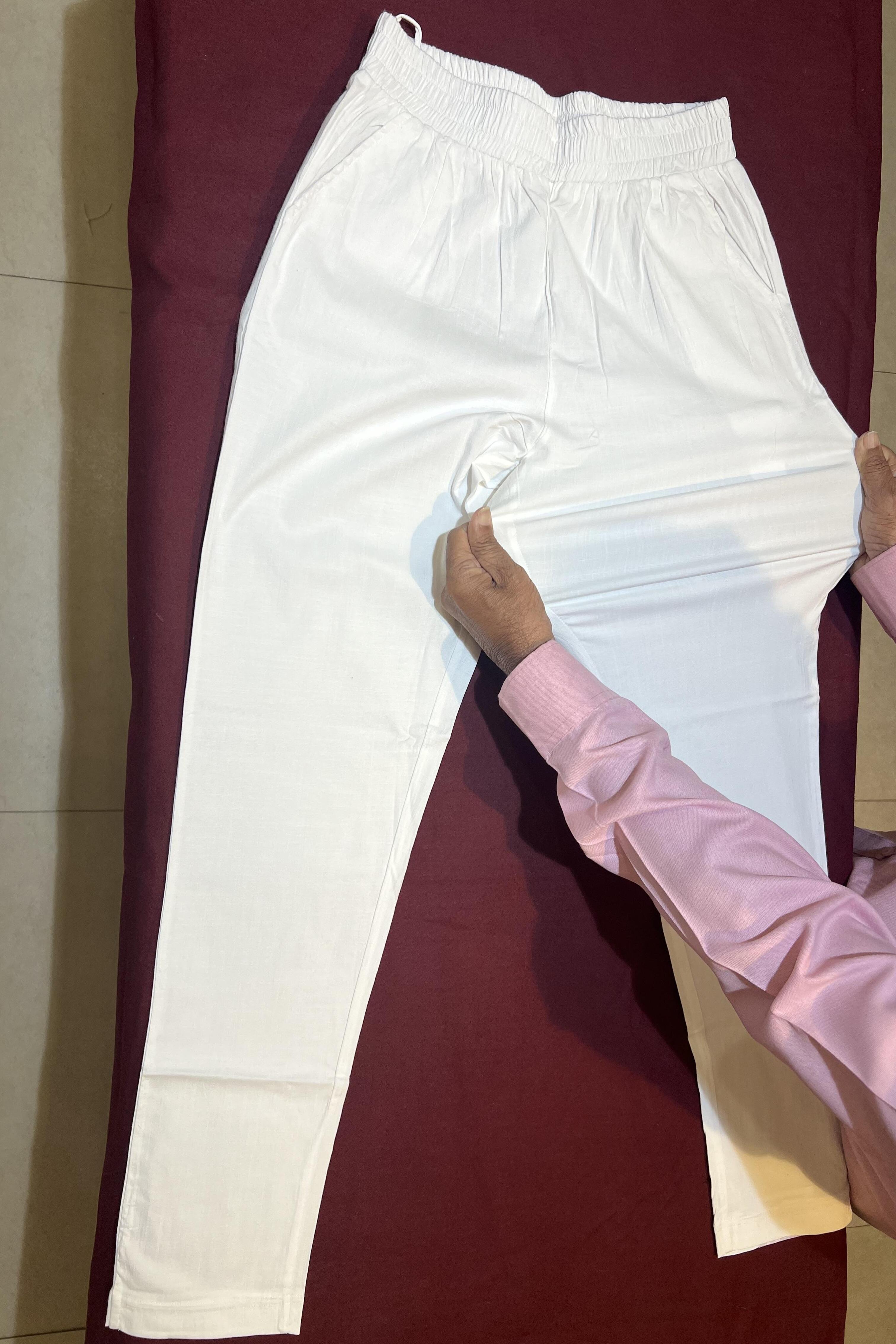 Sugar White Cotton Stretch Pants with Elastic waistband