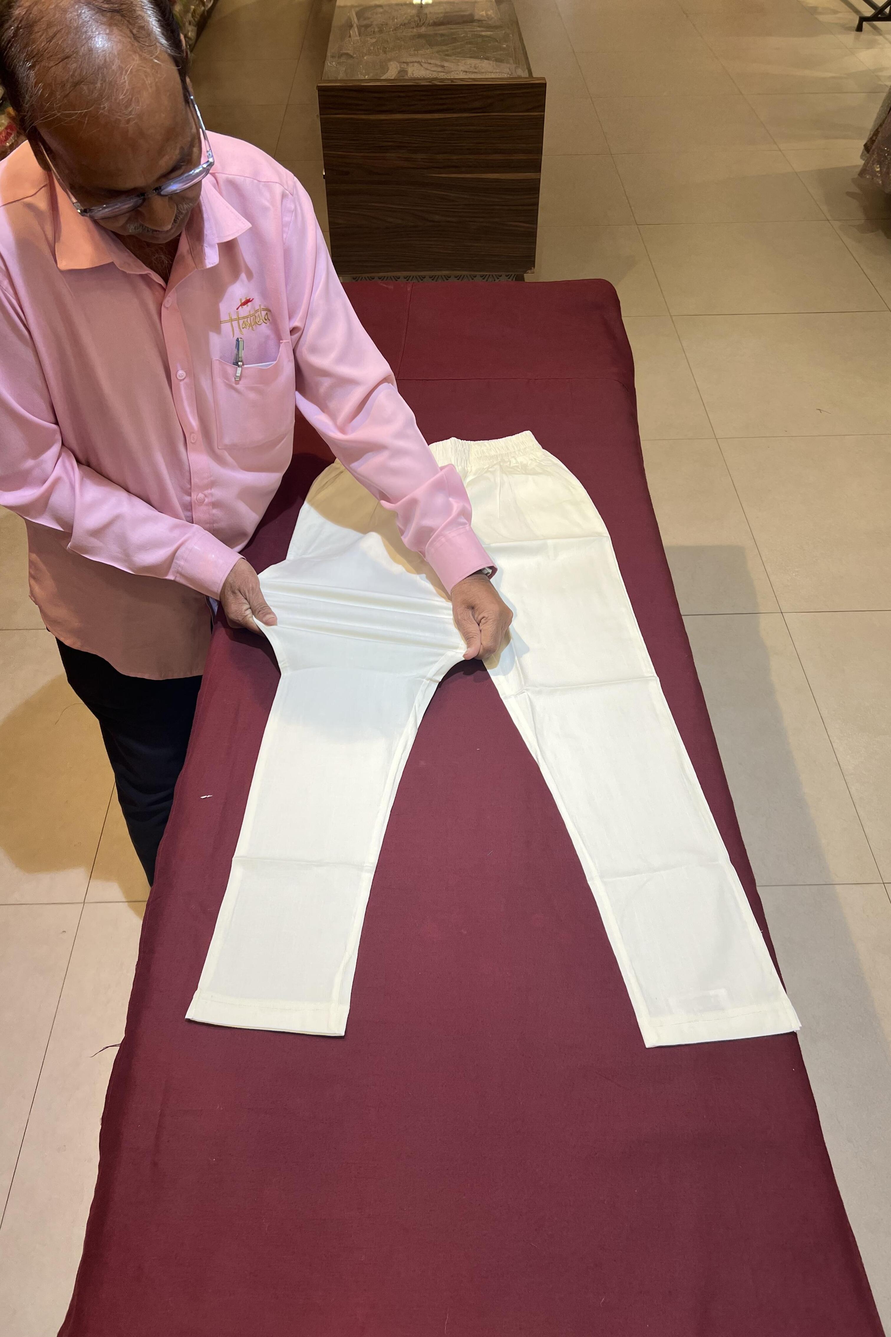 Light Cream Cotton Stretch Pants with Elastic waistband