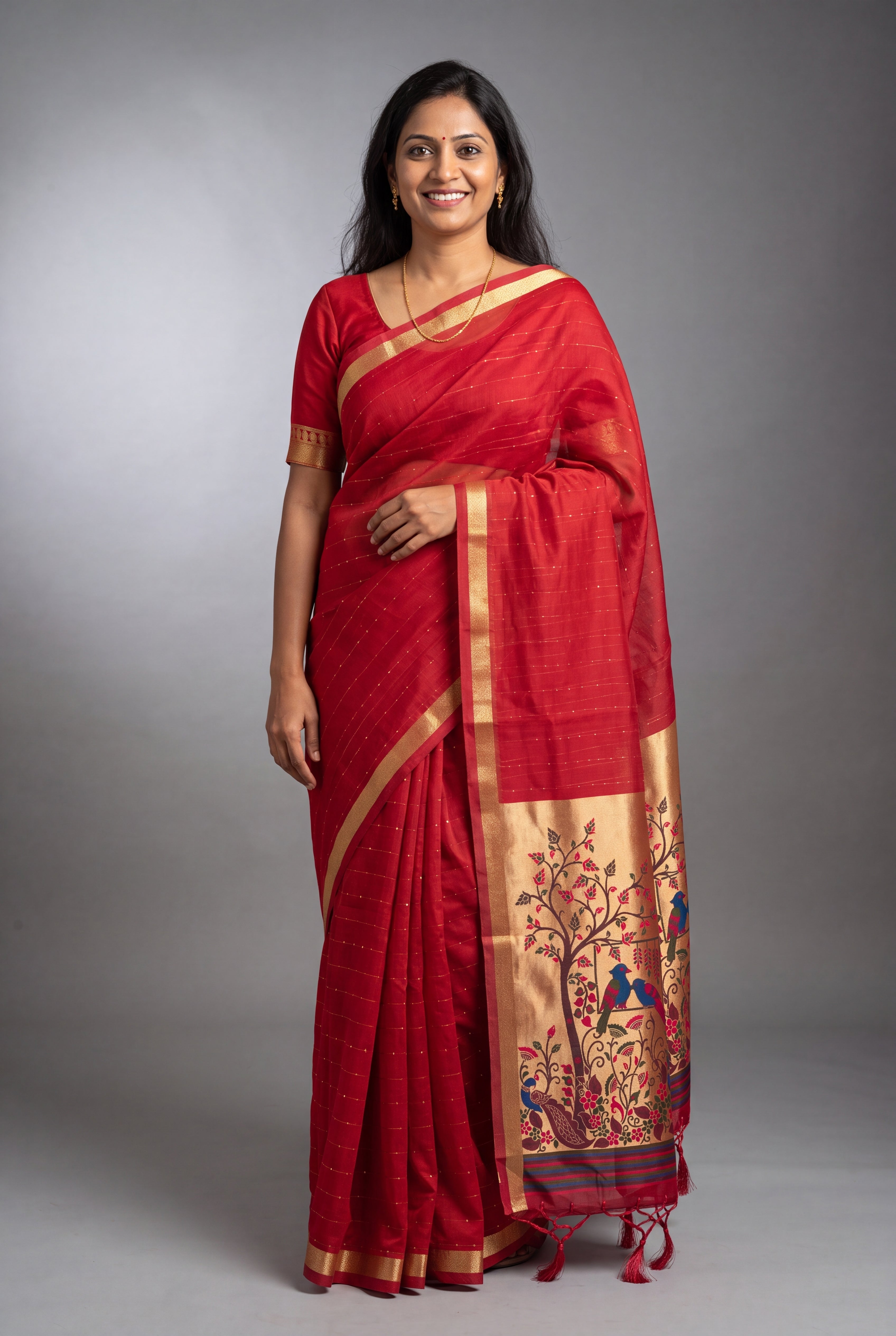 Red Jamdhani Cotton Paithani with Tarumayura Pallu and Lakdipatta border