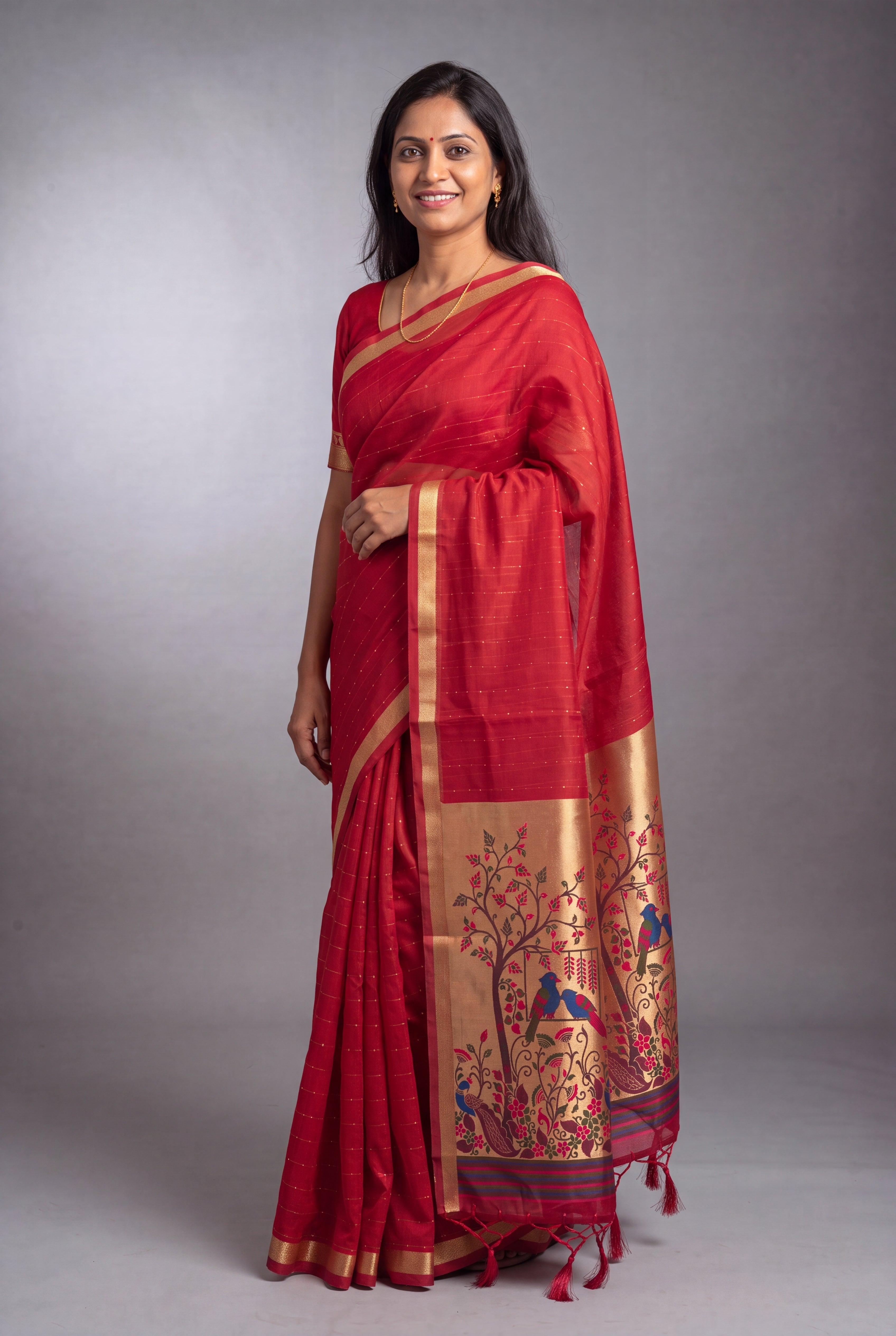 Red Jamdhani Cotton Paithani with Tarumayura Pallu and Lakdipatta border