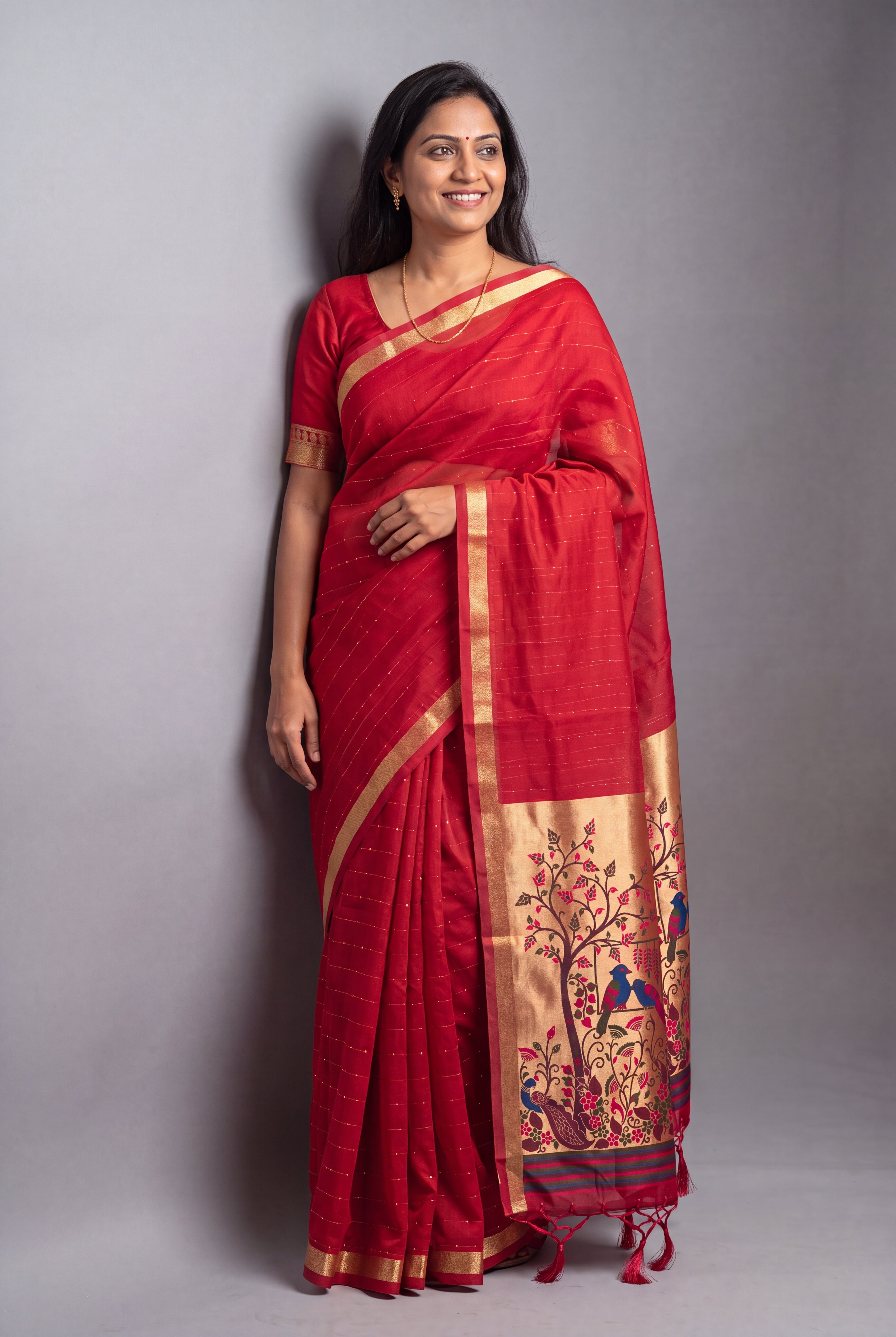 Red Jamdhani Cotton Paithani with Tarumayura Pallu and Lakdipatta border